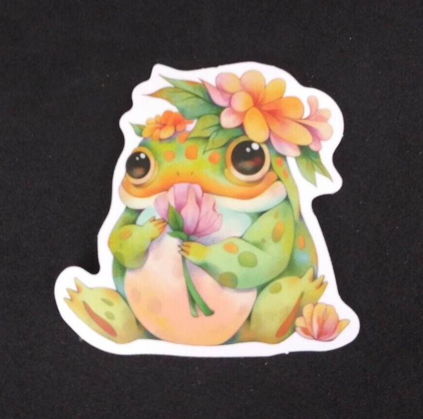 Frog With Orange & Pink Flowers Adorable Frog Sticker 2.18" x 2.25" (N)