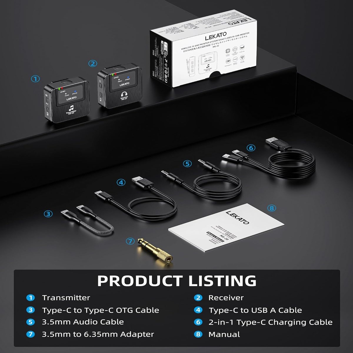 LEKATO Wireless 2.4G IEM System Transmitter Receiver OTG Plug Low Latency 100FT