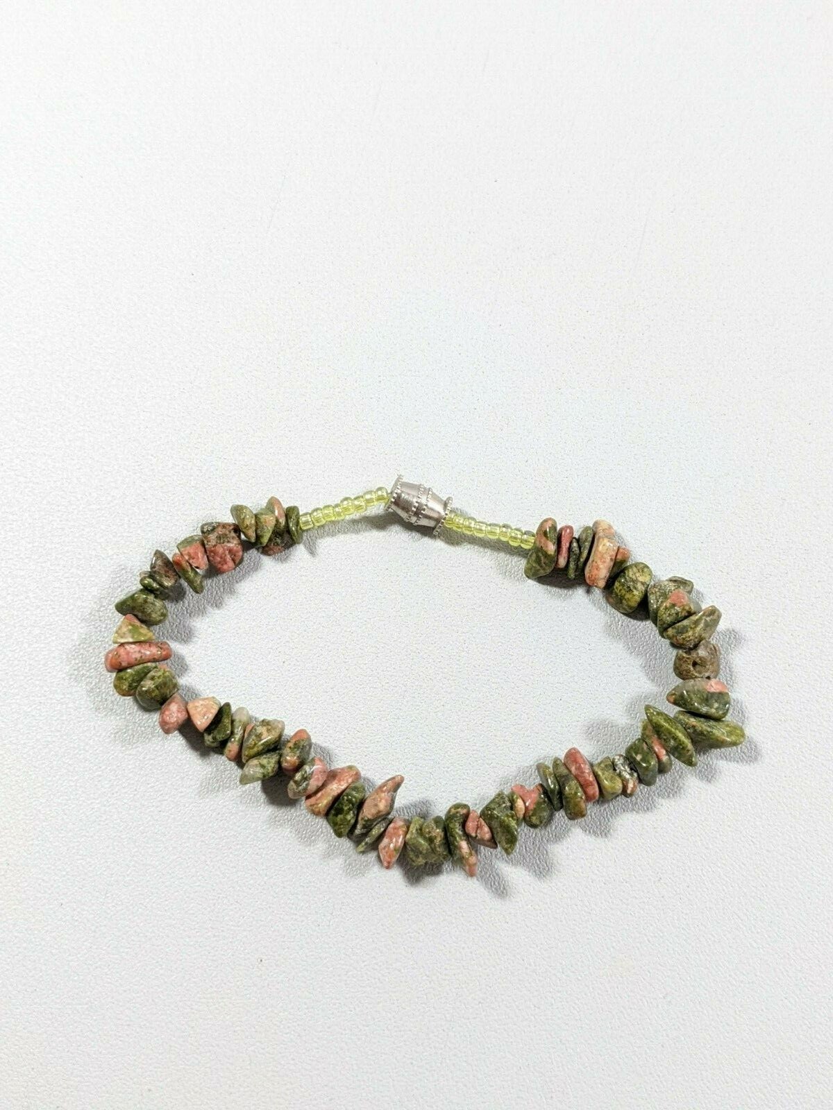 Artisan Unakite Green Peach Stone Chip Bracelet 7 inches