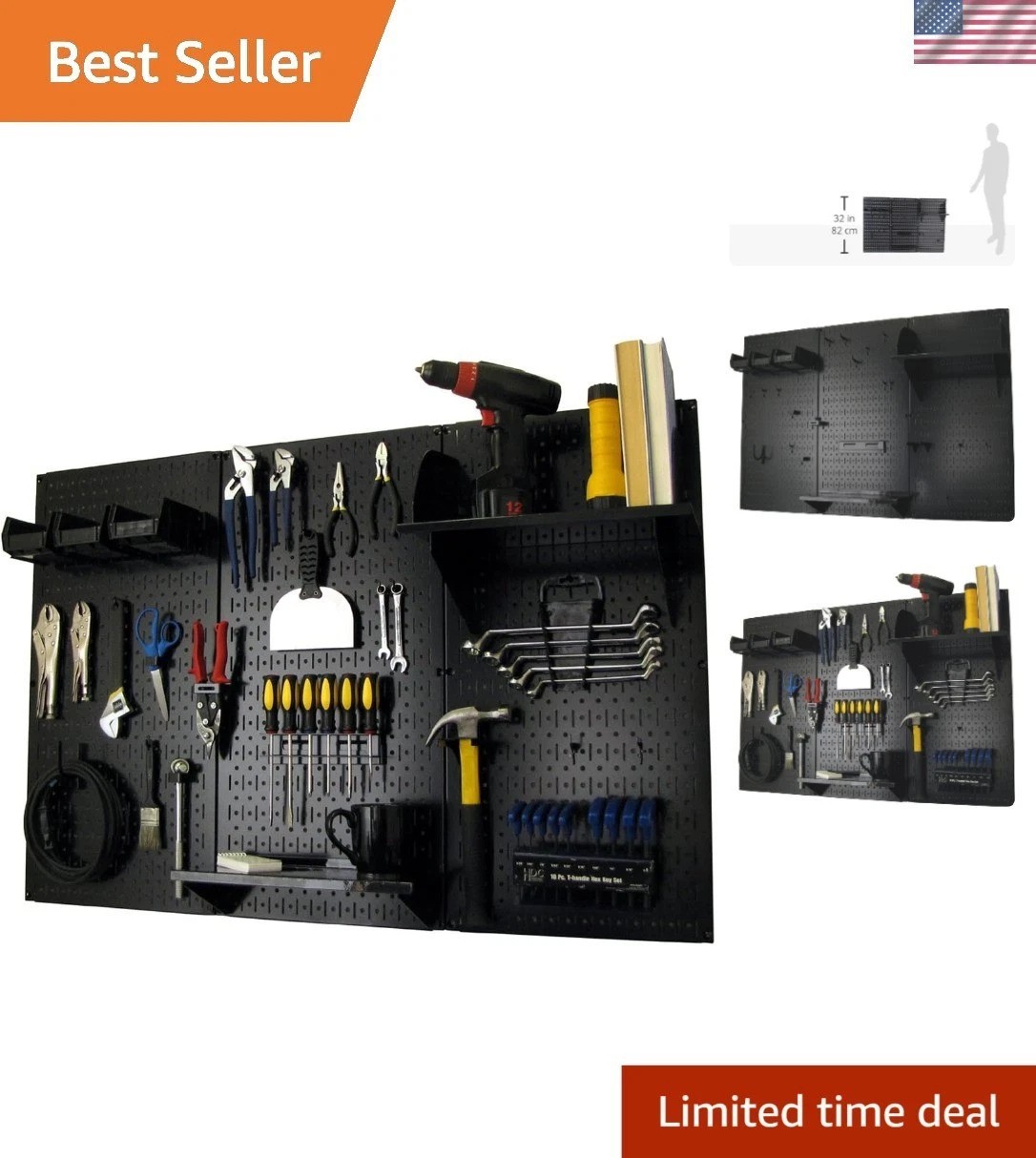 Industrial Pegboard Organizer Kit - Black Powder-Coated Walls and Tool Holders