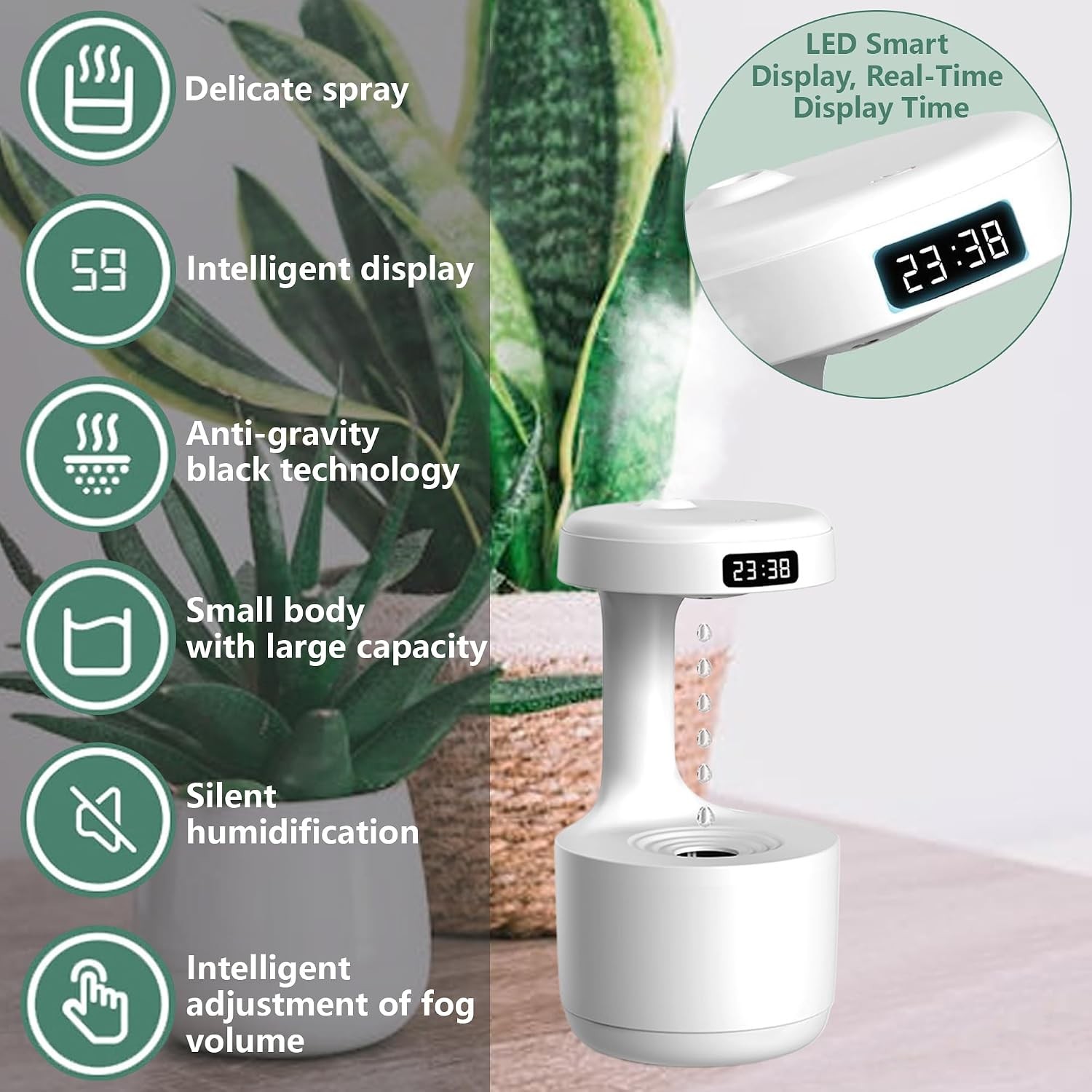 Anti-Gravity Water Drop Humidifier with LED Cool Mist Spray, Desktop Decoration