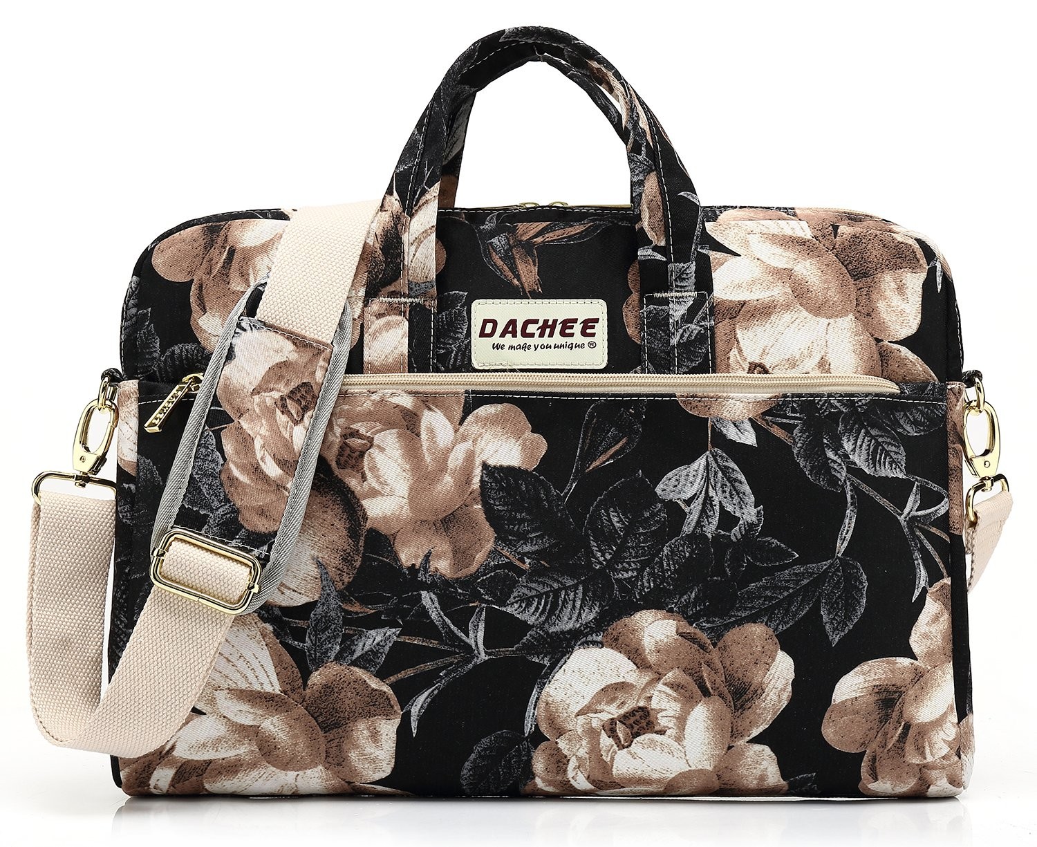 Beige Rose Patten Waterproof Shoulder Messenger Bag Sleeve for 14 Inch 15 Inc...