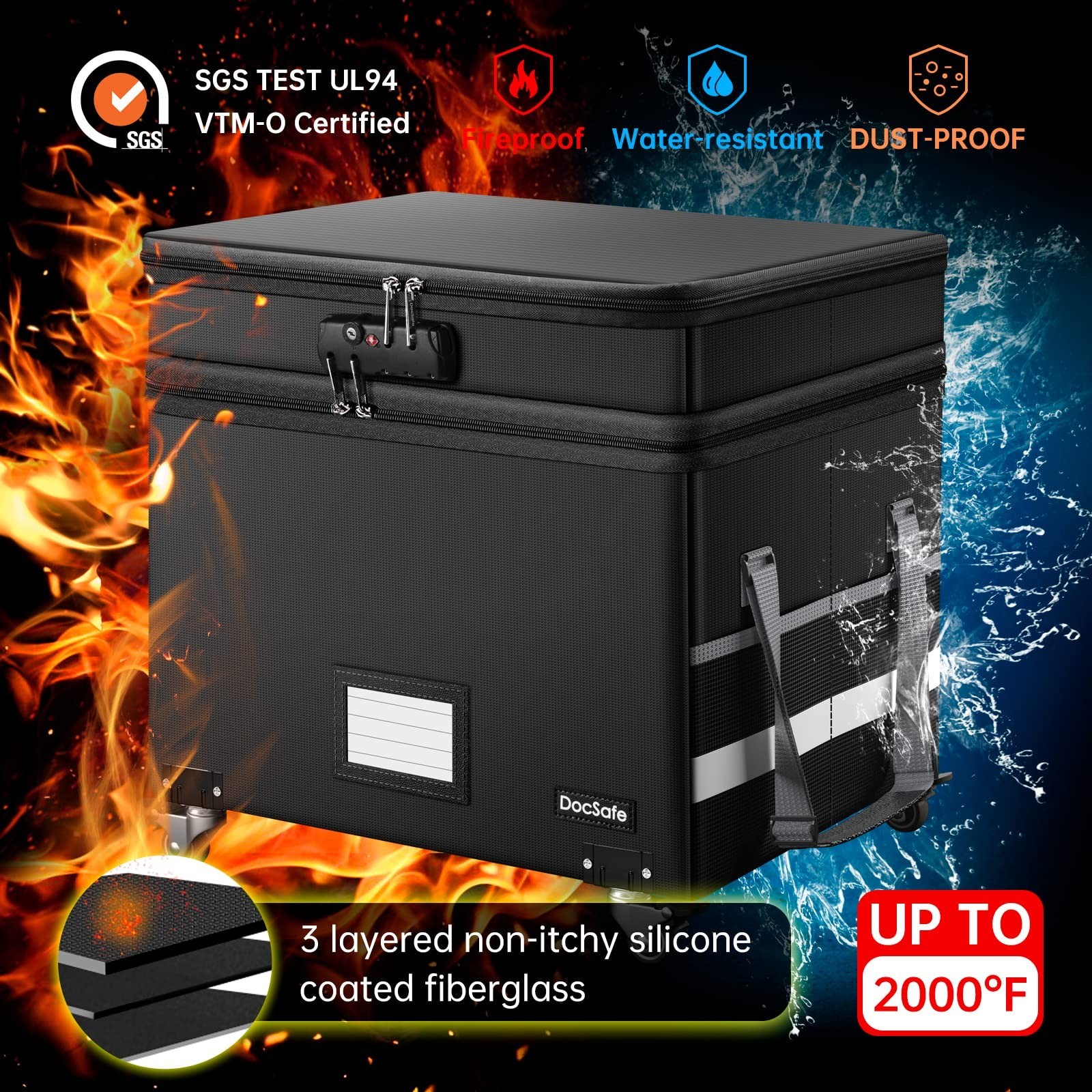 DocSafe Fireproof Document Box with Lock and Wheels