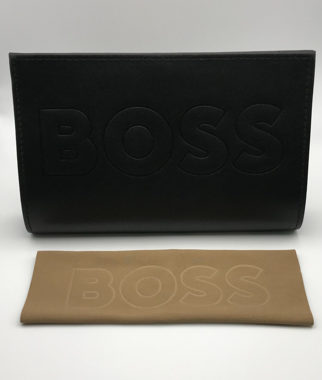 New Authentic Boss Large Case Eyeglasses SunGlasses Leather Case Cleaning Cloth