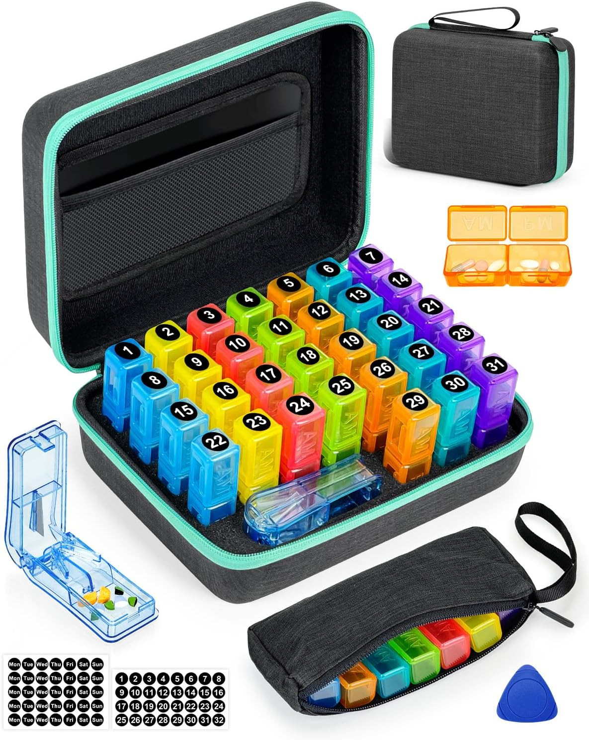 Monthly Pill Organizer 31 Day 2 Times Daily Case with Cutter Stickers Black