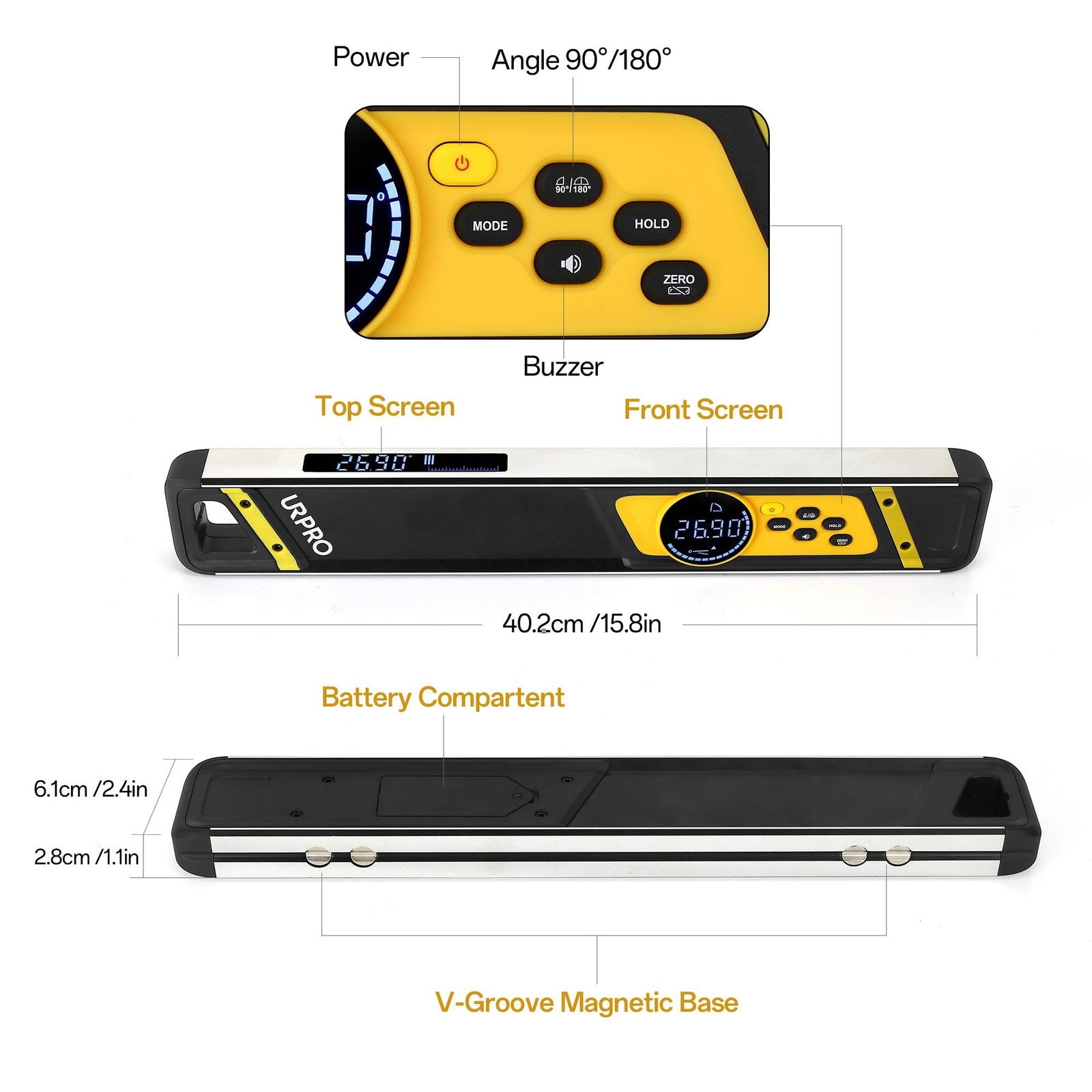 Inclinometer, Top View Screen Digital Torpedo Level and Protractor Neodymium ...
