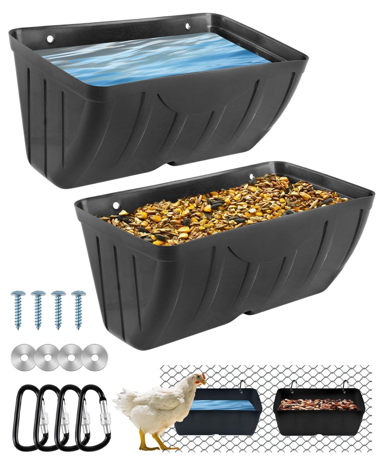 Chicken Feeder, 2 Pack, Poultry Feeders and Waterers, Hanging 2 Pack Black