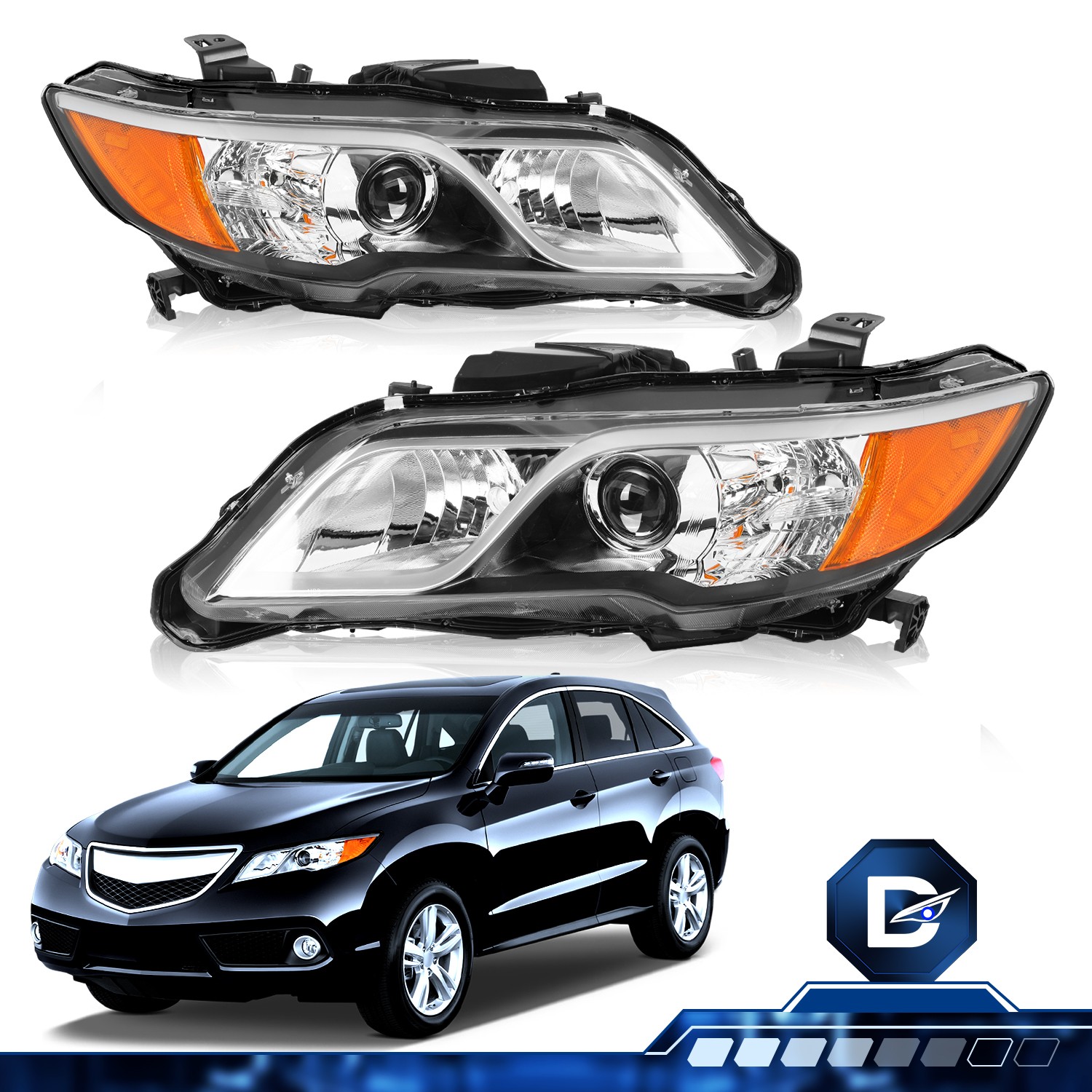 Driveforge For 2013-2015 Acura RDX Chrome Halogen Headlights Assembly Pair 13-15