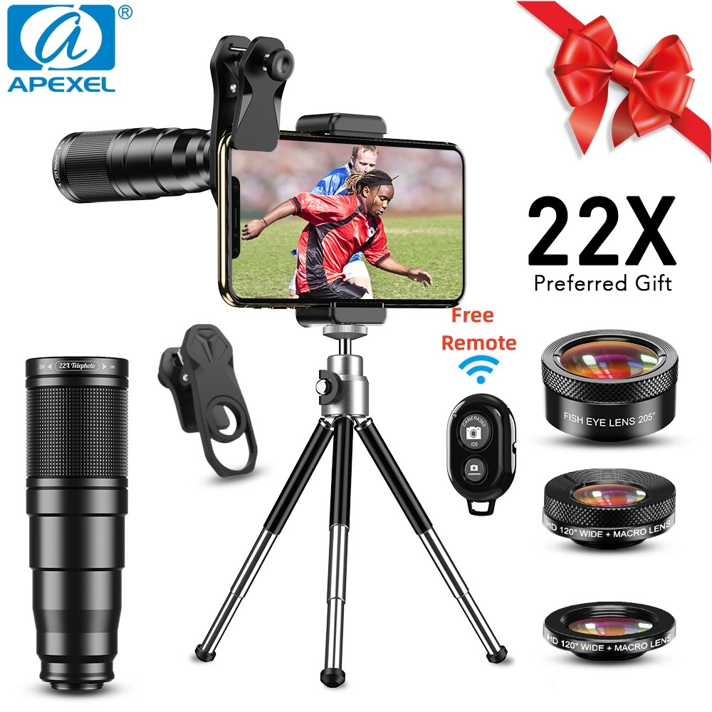 APEXEL 4 In 1 22x Zoom Telescope Phone Lens Fisheye Wide Angle Macro Lens Tripod