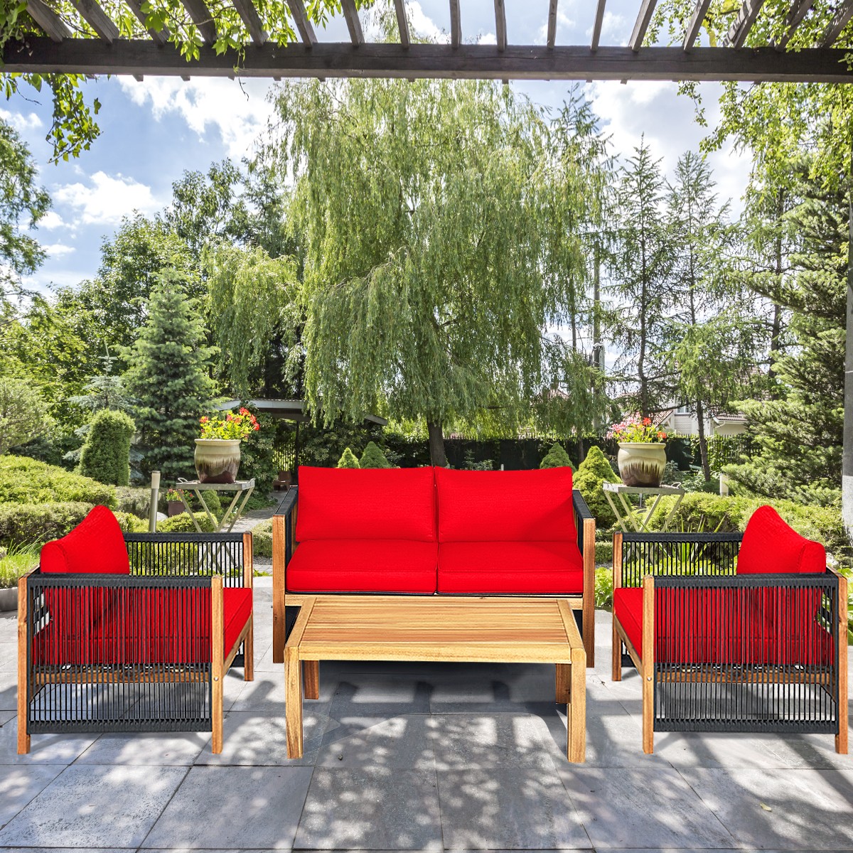 Patiojoy 4PCS Acacia Wood Patio Furniture Set Cushioned Sofa W/Rope Armrest Red