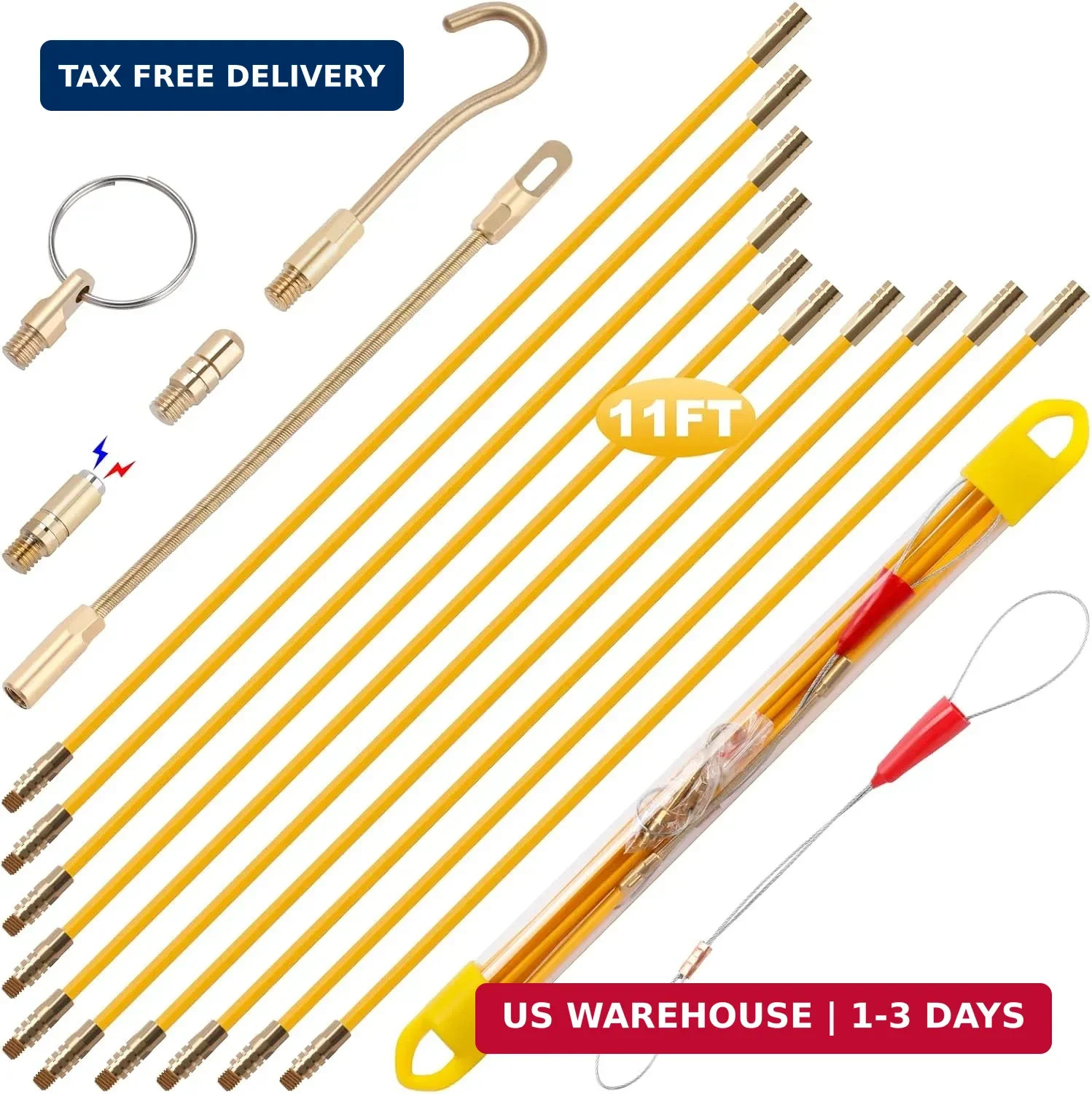 11' Fiberglass Running Electrical Wire Cable Pulling Fish Tape Kit with 5 Differ