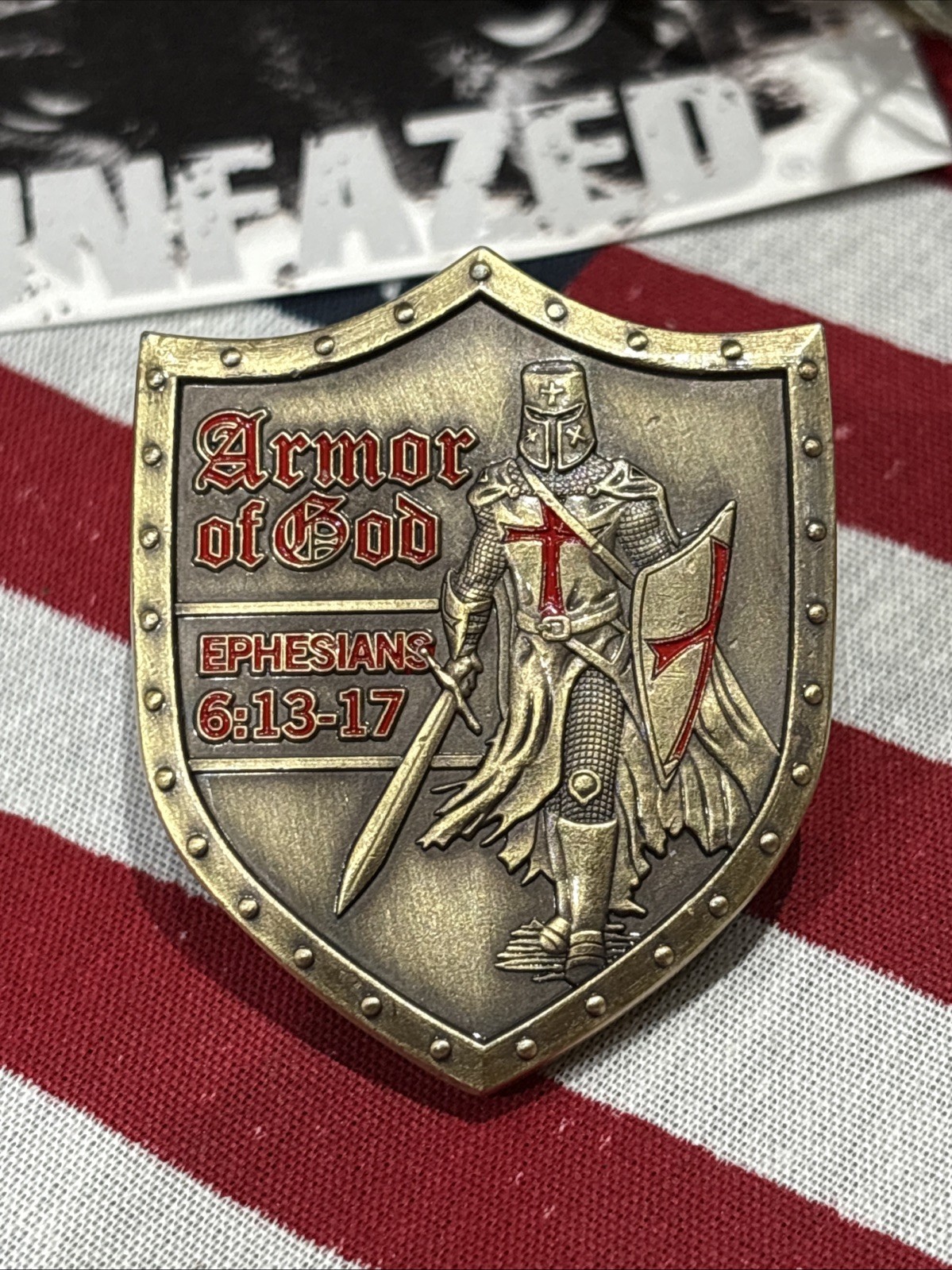 Full Armor Of God Challenge Coin 1.5x2in 3d Embossed Red Enamel Antique Finish