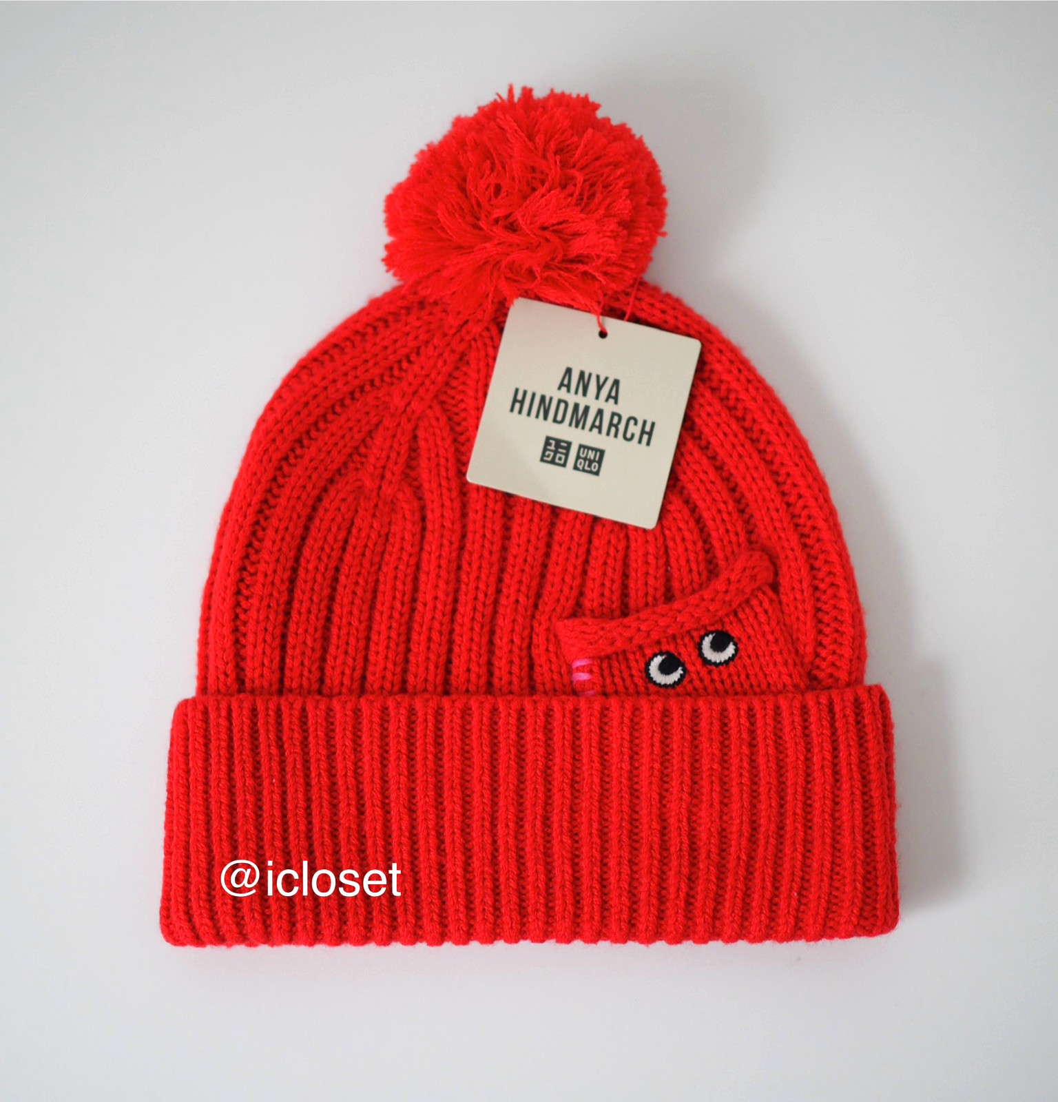 Anya Hindmarch Wool Blend Pocket Logo Uniqlo Heattech Knitted Beanie Hat Red NEW