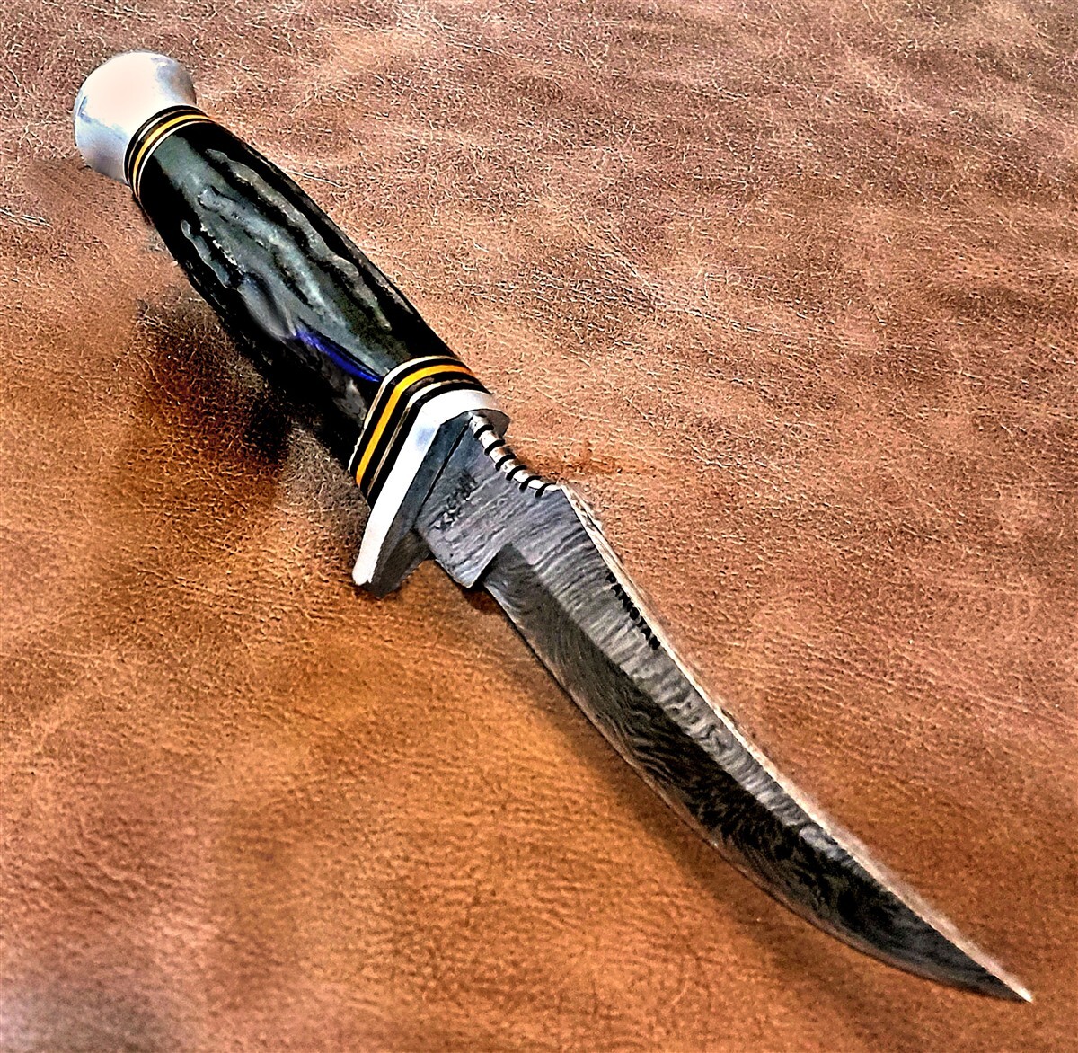 Real Damascus 9" Hunter Skinner Knife w/Bone Handle, Leather Sheath