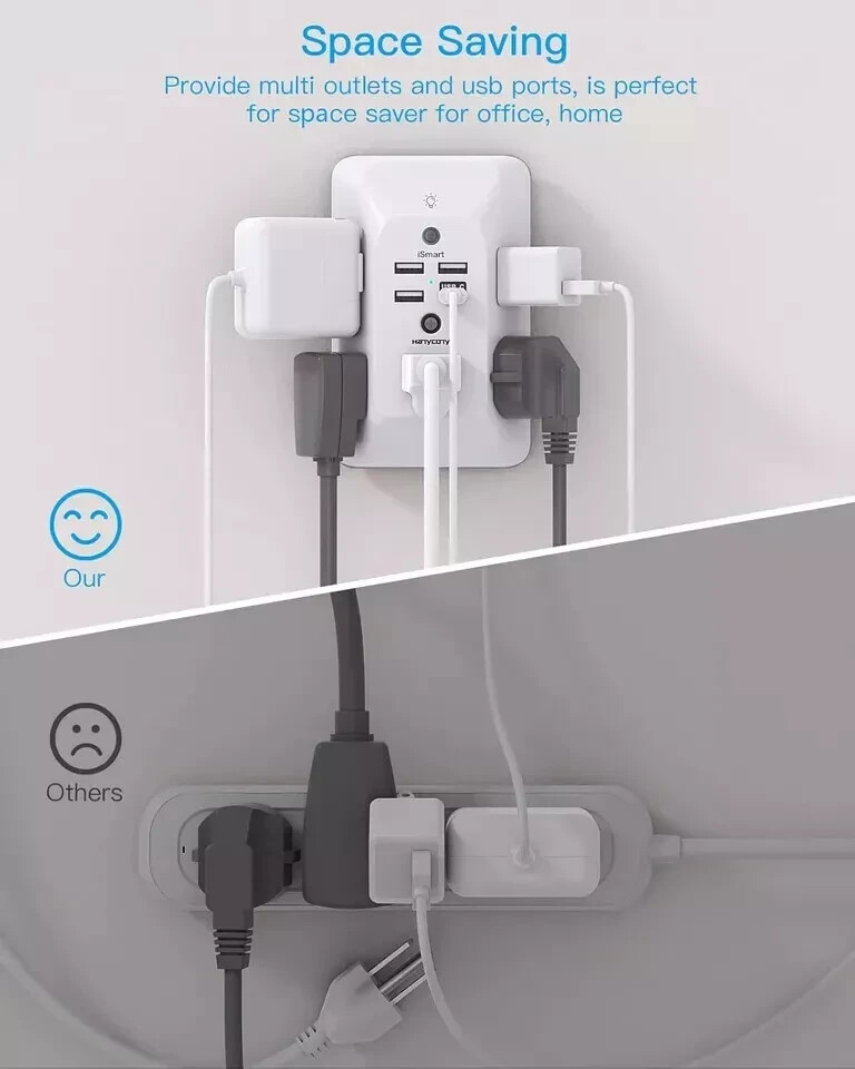 5 Outlet Extender Surge Protector Multi Plug Wall Adapter USB Charger Ports with