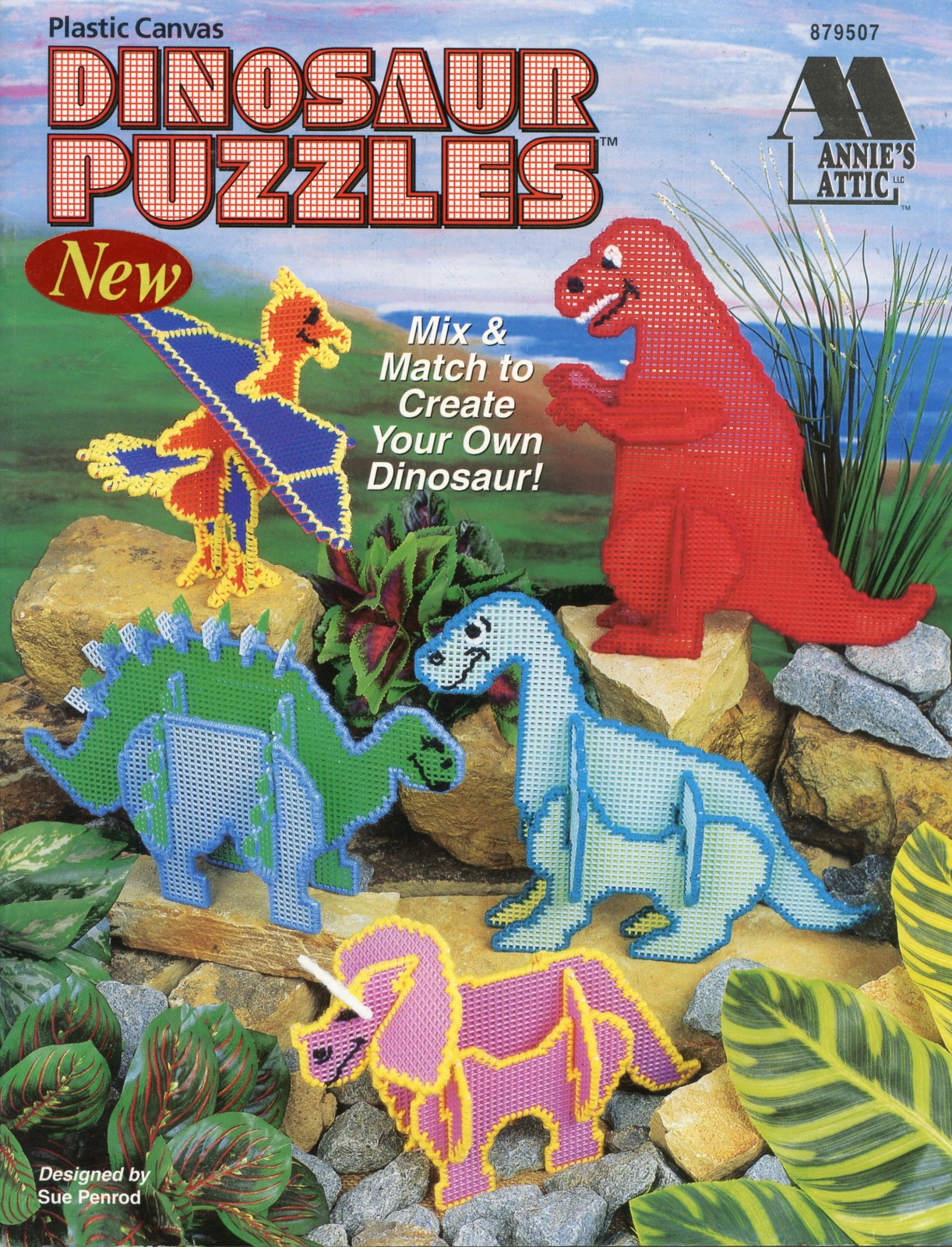 Plastic Canvas Dinosaur Puzzles Pattern Leaflet Annies Attic 879507 Vintage 1996