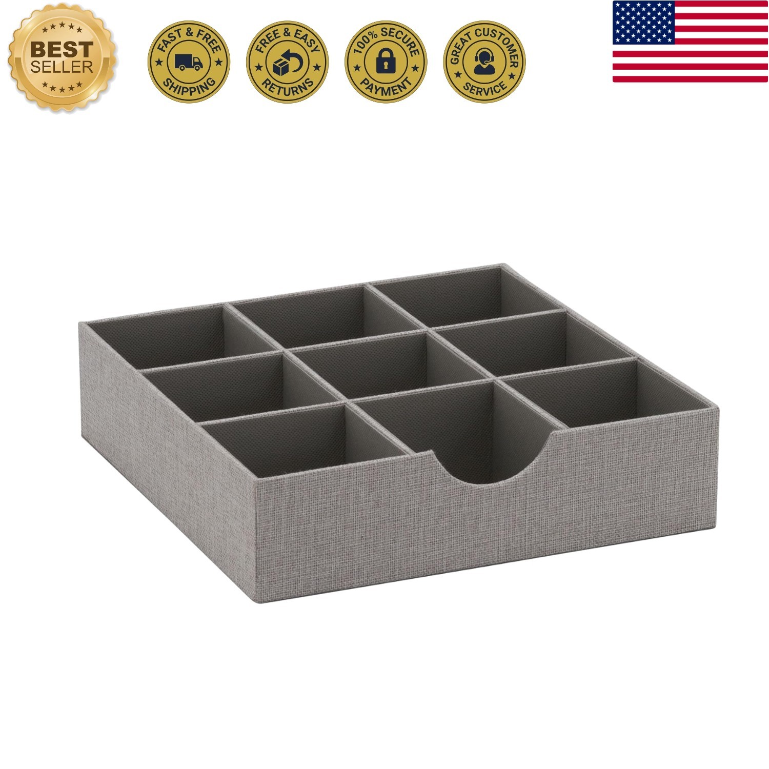 Grey 9-Compartment Fabric Drawer Organizer, 12" x 12" - Elegant Storage Solution