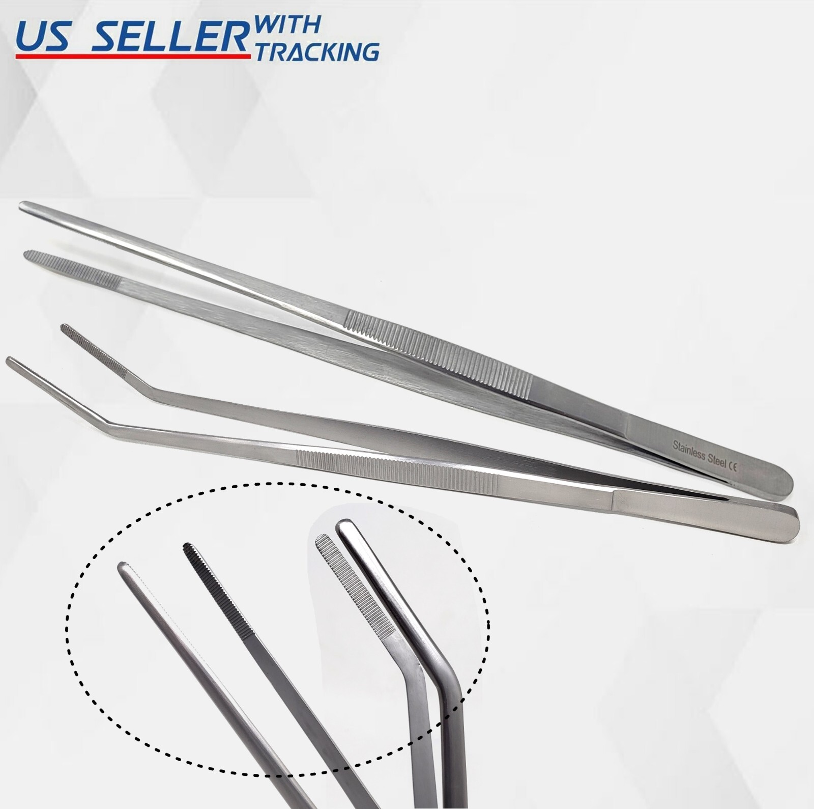 Set of 2 Handy Tweezers 12" Extra-Long Instruments Forceps Straight & Curved