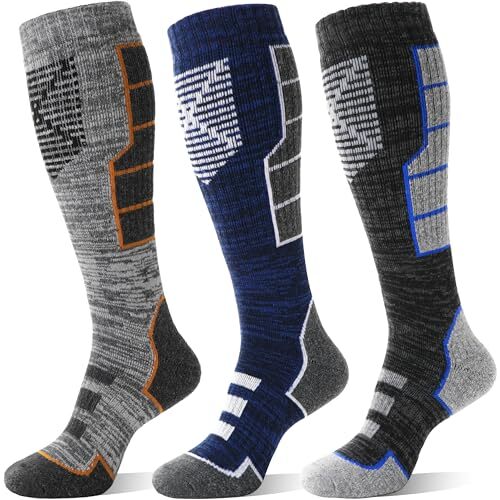3 Pairs Unisex Merino Wool Ski Thermal Warm Thick Knee High Large Blue Gray