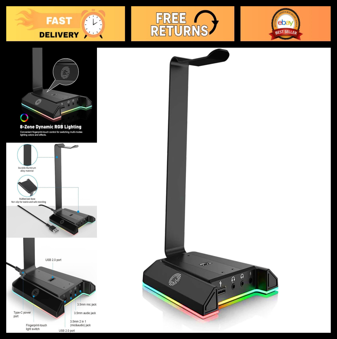 RGB Gaming Headset Stand with 7.1 Surround Sound, USB/3.5mm Ports, Non-Slip Base