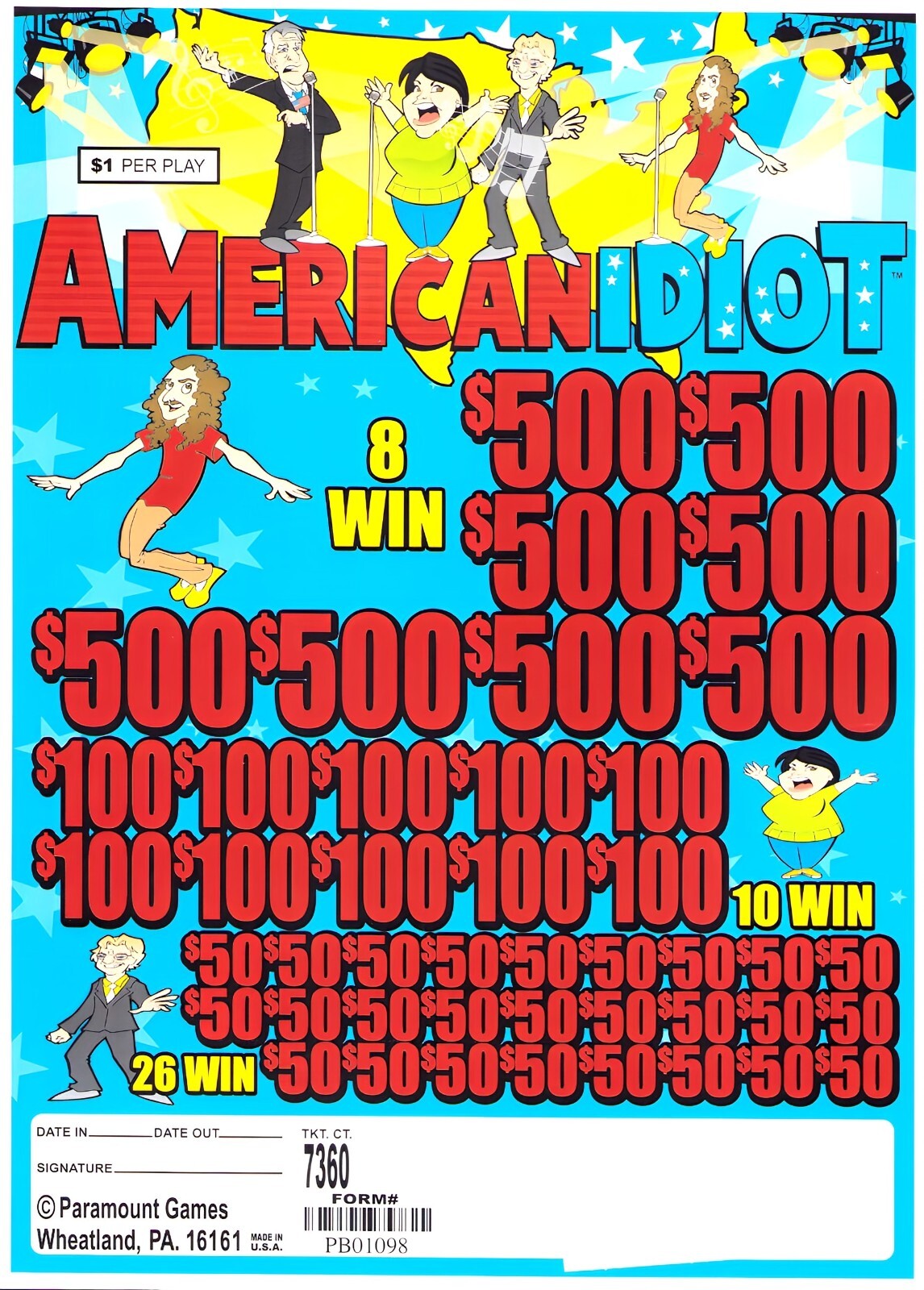 Pull Tab - Jar - Tickets Game - American Idiot