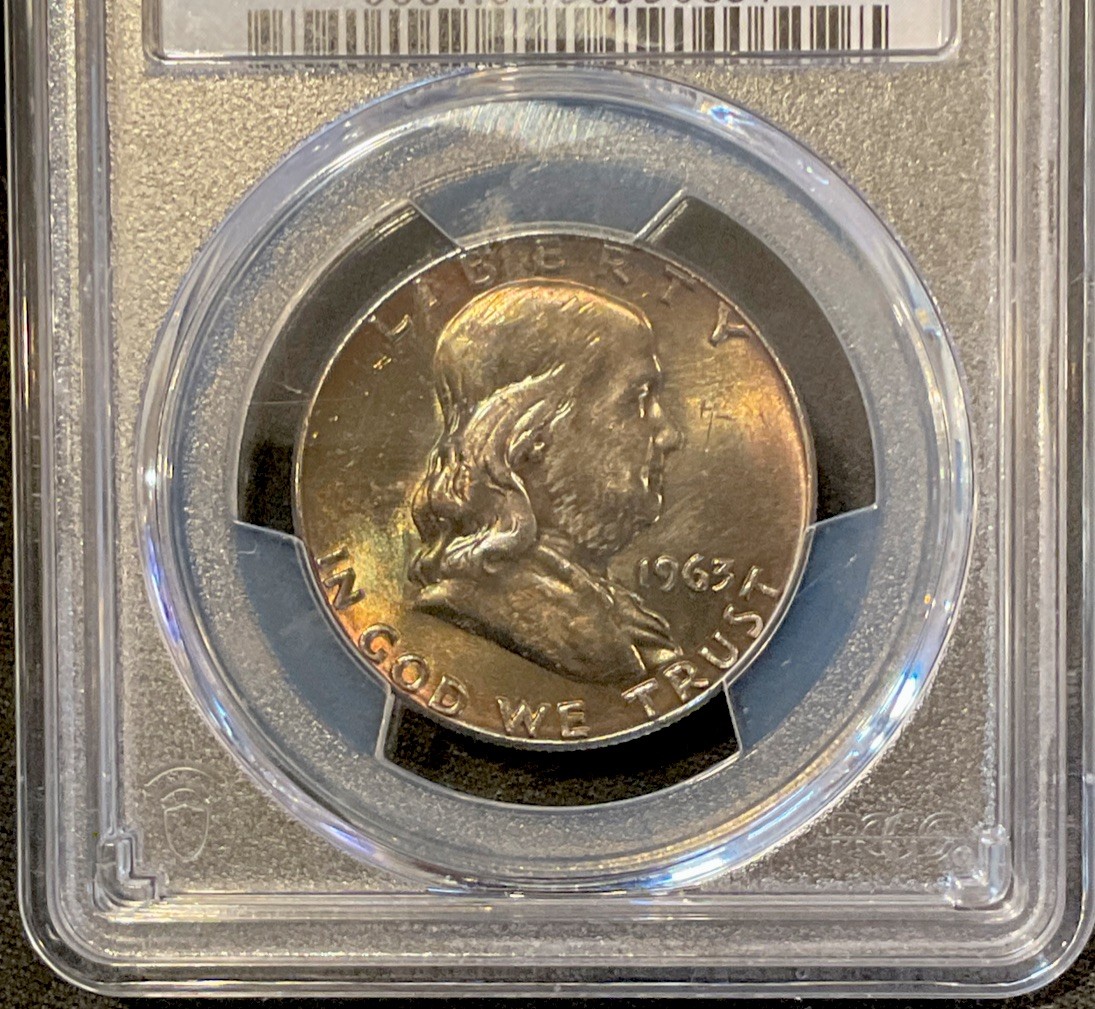 1963 P Franklin Half Dollar 50C 90% Silver PCGS MS64 Dark Rainbow Toning