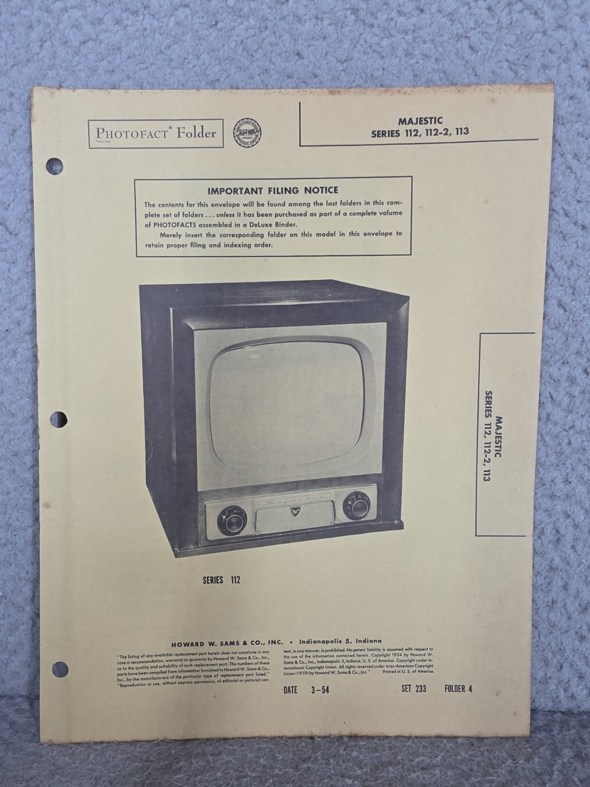 Majestic 112, 112-2, 113 Sams Photofact 1954 Television Repair User Manual