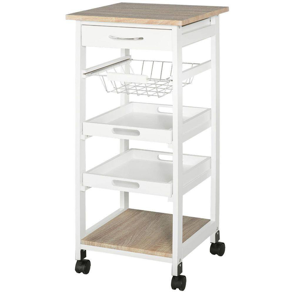 5-Tier Solid Wood 4-Wheeled Mobile Kitchen Cart with Storage, Wire Fruit Baskets