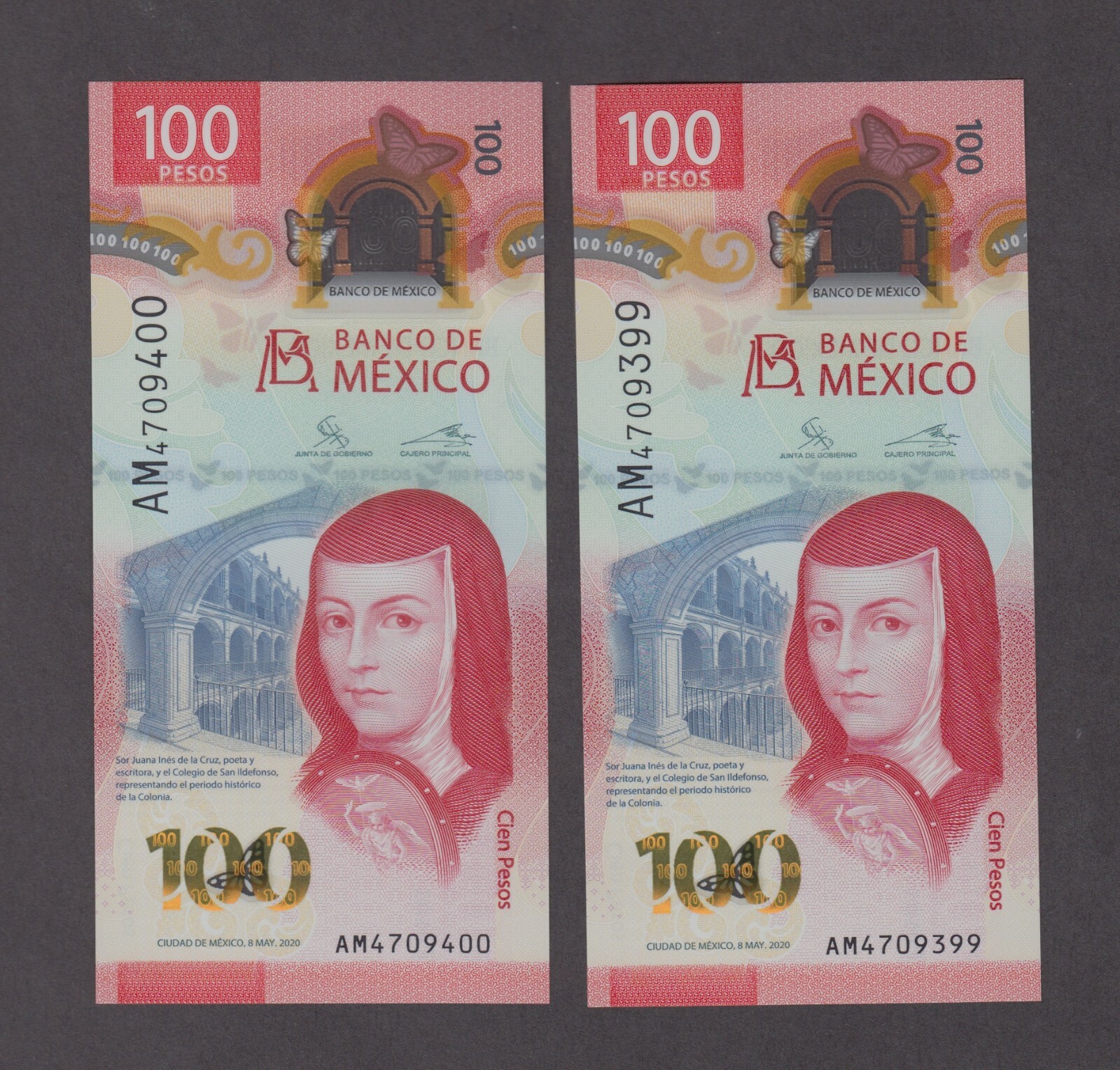 MEXICO P.NEW  100 PESOS 8.5.2020 PFX AM POLYMER CONSECUTIVE PAIR  UNCIRCULATED