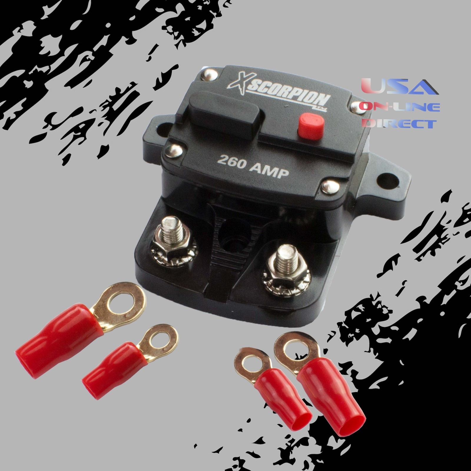 260 AMP IN-LINE POWER MARINE RATED CIRCUIT BREAKER + 4pc Ring Terminals 12Volt