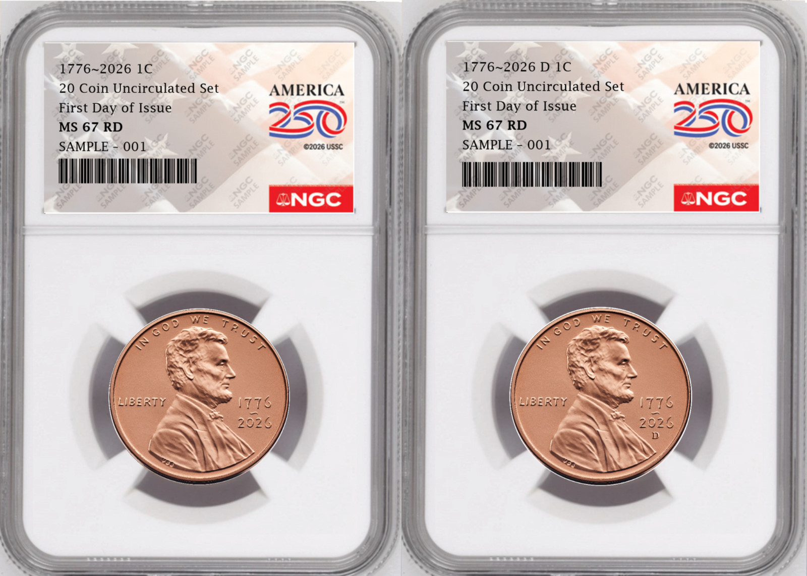 2 Coin set, 1776-2026 P & D  Lincoln Cent , NGC MS 67 RD FDOI, 250 Flag Presale