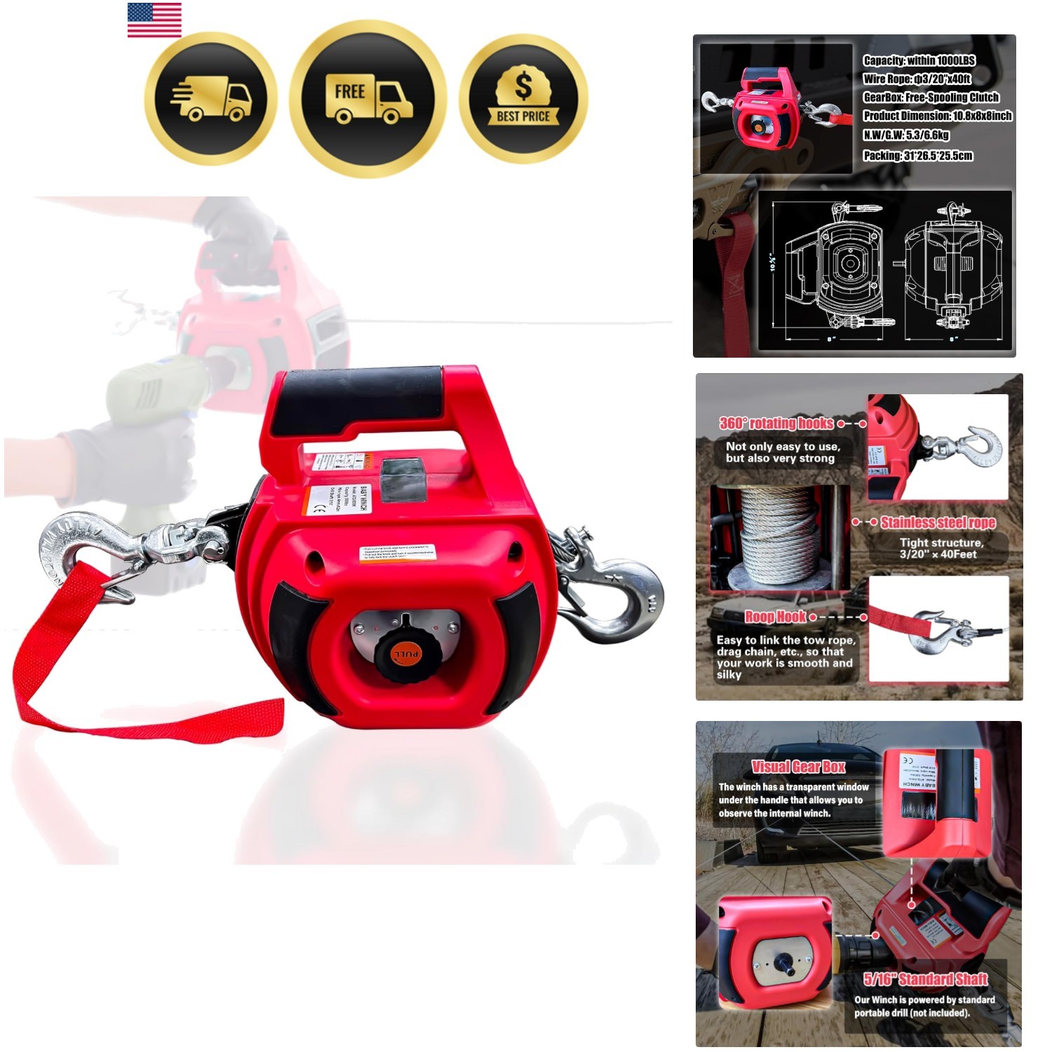 Portable Drill Winch 1000LB Pulling Capacity with 40 Feet Steel Wire Rope