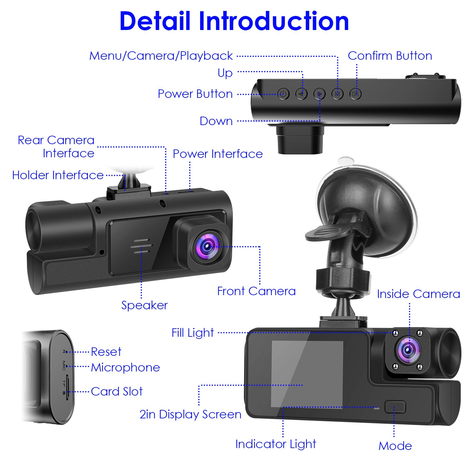 1080P HD Dash Cam WiFi Front Rear Inside Dash Camera Loop Recording Camera