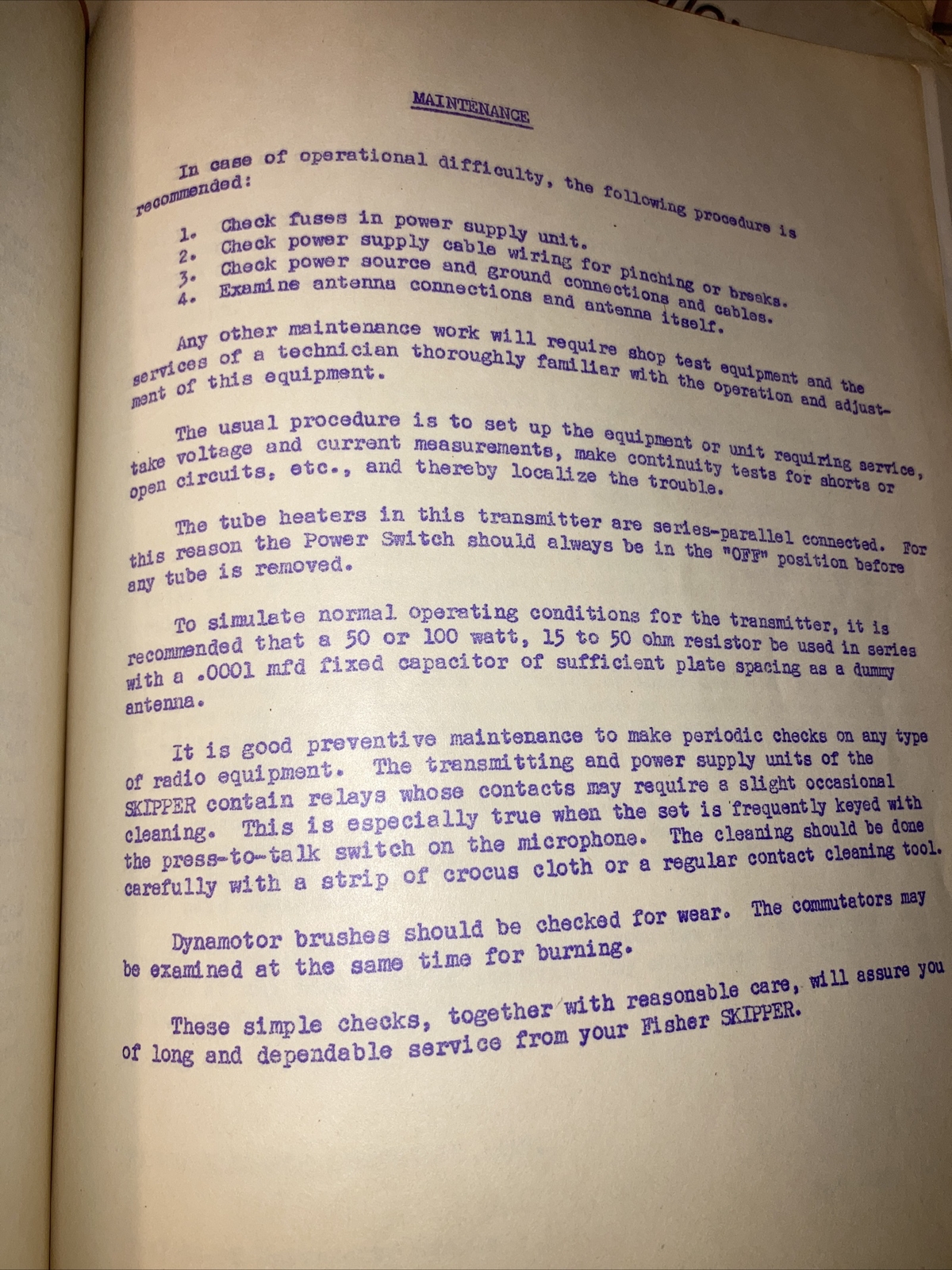 Marine Radio Telephone SKIPPER “45” Instructions Fisher Research Laboratory Inc