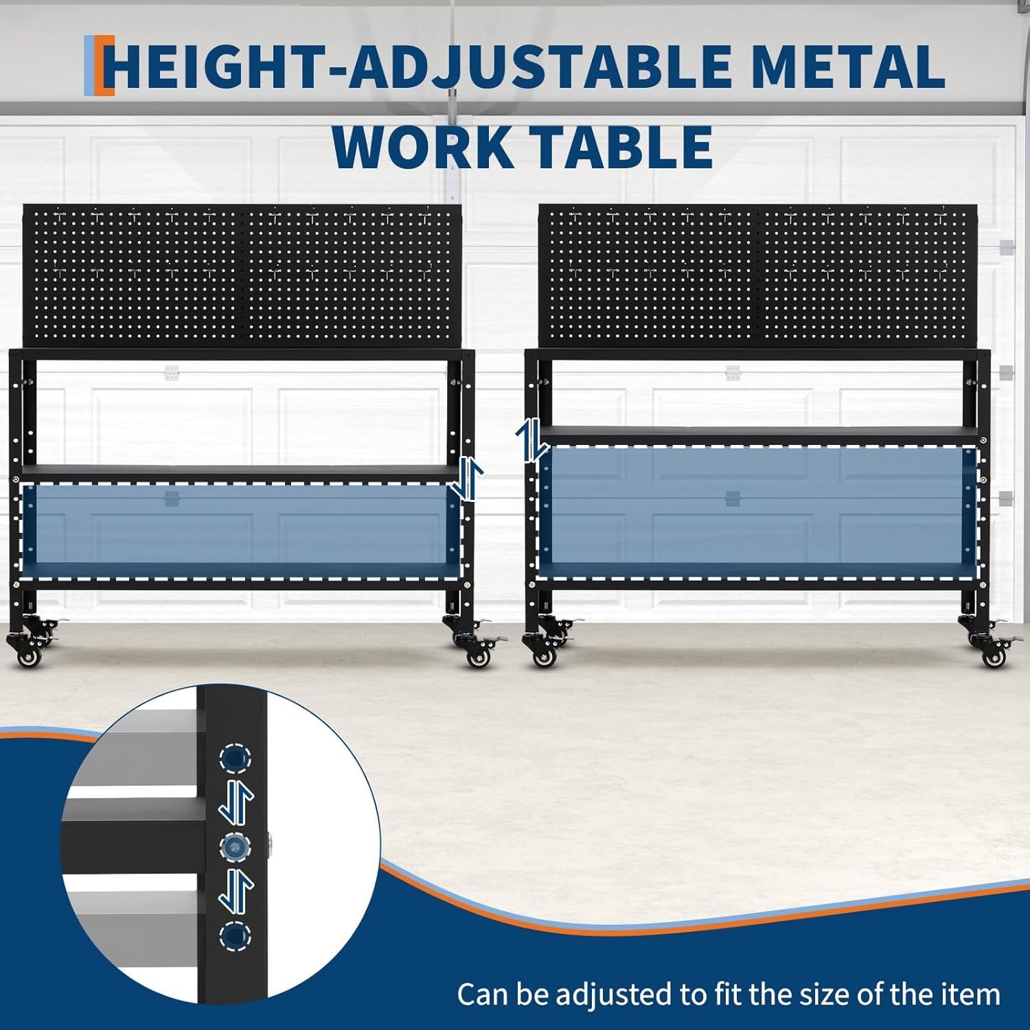 Metal Tool Work Table Adjustable Heavy Duty Bench Pegboard Garage Workstation