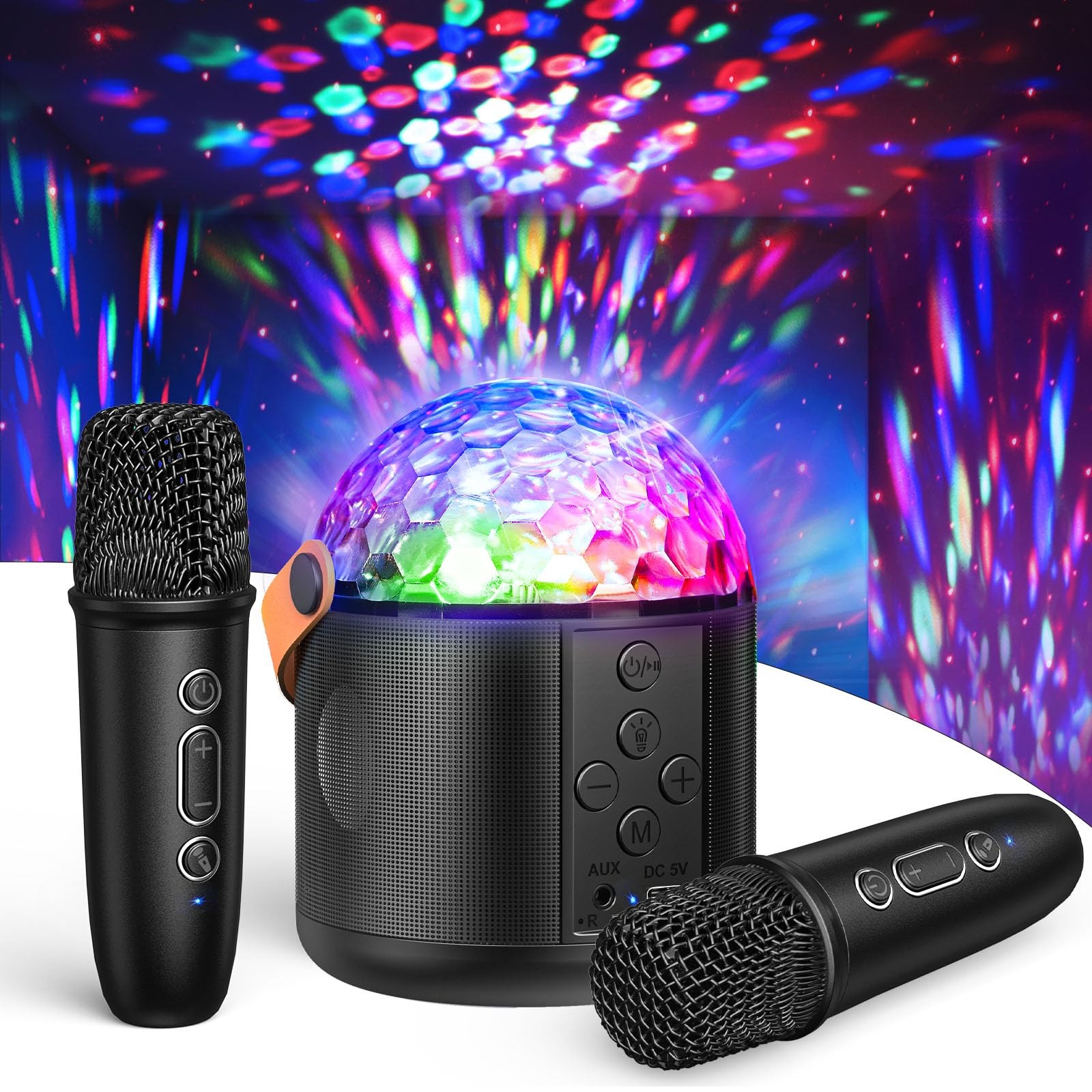 Karaoke Machine Bluetooth 6.0 with Disco Ball Lights & 2 Wireless Mics - Fun