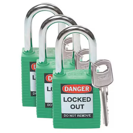 Brady 105889 Lockout Padlock, Keyed Alike, Nylon, Green, 1 1/2 In Shackle