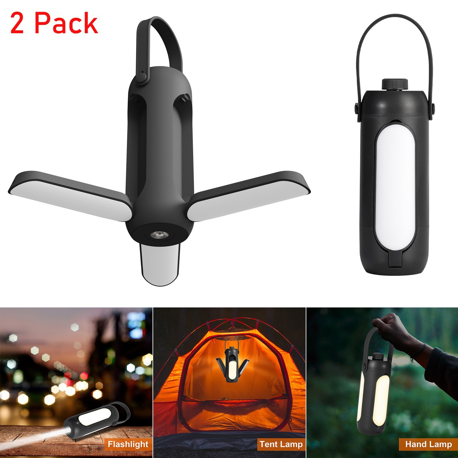 2-Pack ED Solar Camping Light Outdoor Hiking Tent Lamp Lantern USB Rechargeable