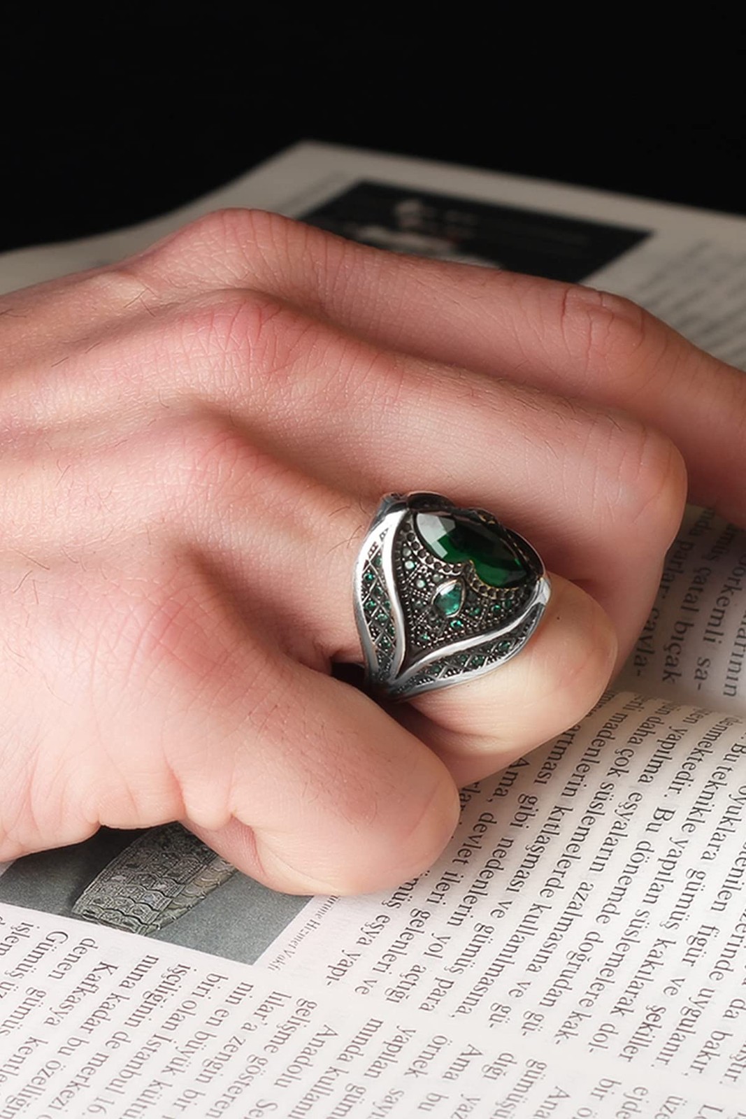 Emerald Stone Men Silver Ring, 925 Sterling Silver Emerald Gemstone Ring,