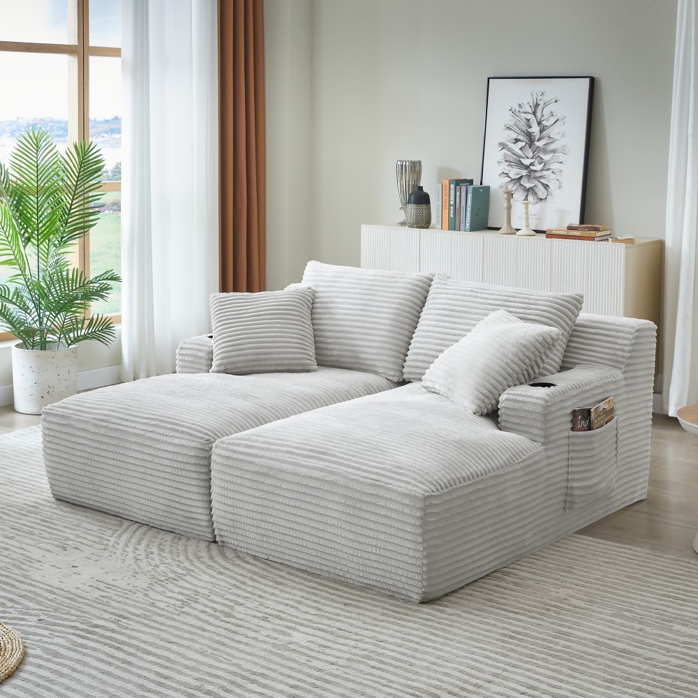 Light Gray Corduroy Compressible Double Chaise Sleeper Sofa with Cup Holders