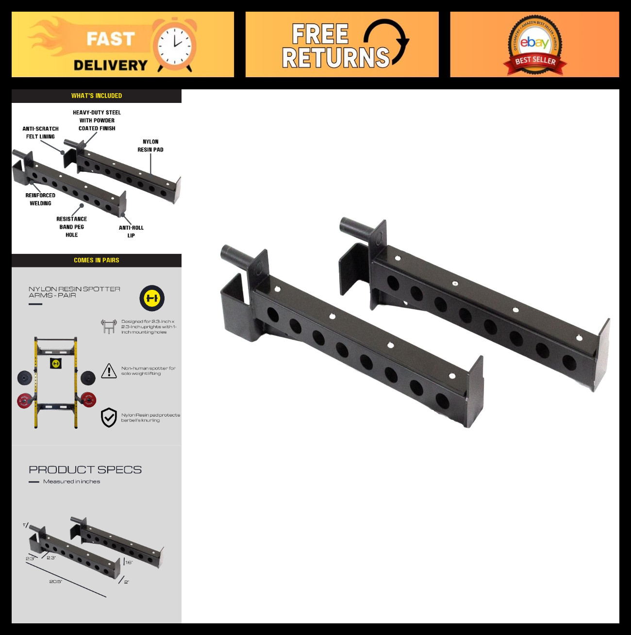 Straight Dip Bar & Spotter Arm Attachment for Wall Mounted Power Cage - Black