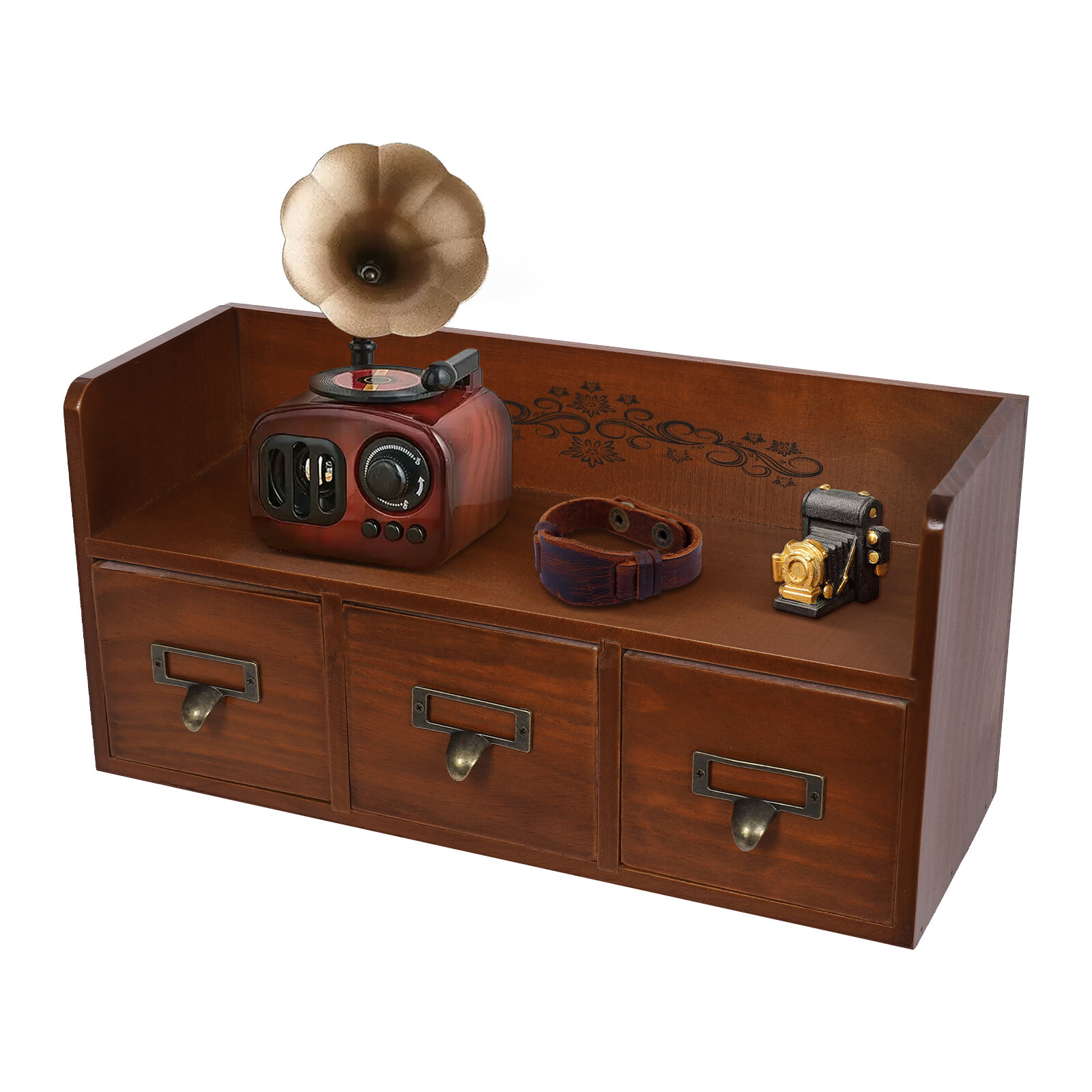Retro 3 Drawers Wood Desktop Storage Cabinet Cosmetic Jewelry Organizing Cabinet