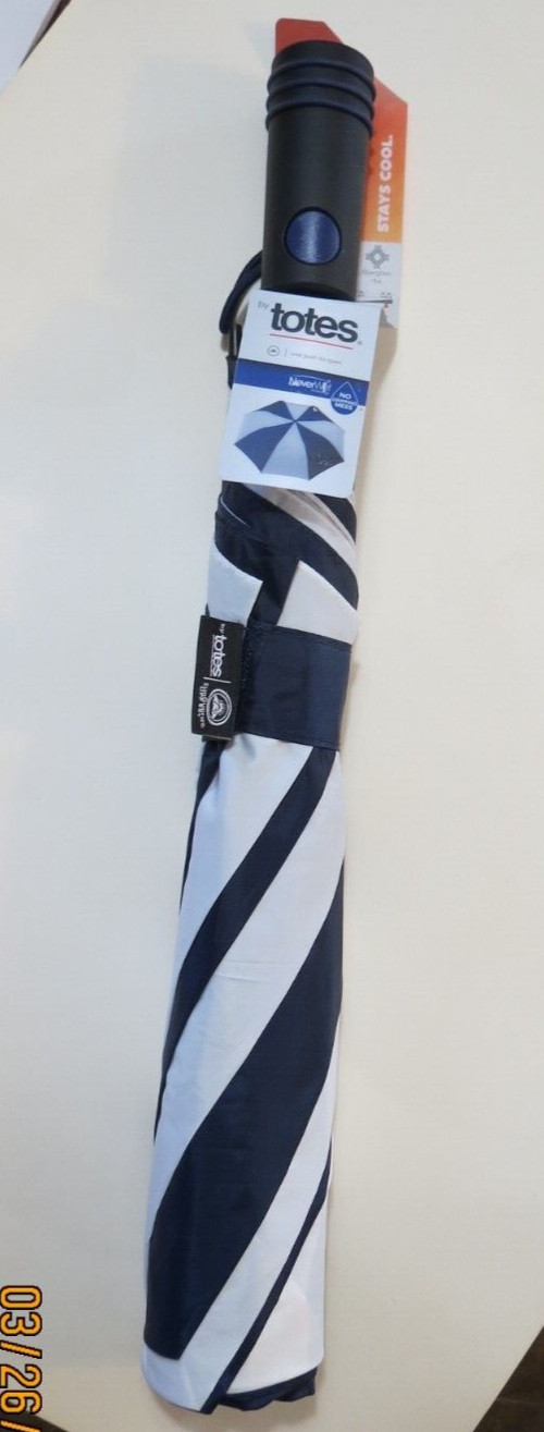 New Totes 1 push to open Navy Blue & White Umbrella 55" coverage upf 50+