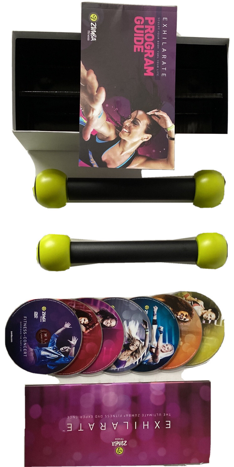 Zumba Fitness Exhilarate Body Shaping System 7 DVD Set  + Toning Sticks + Guide