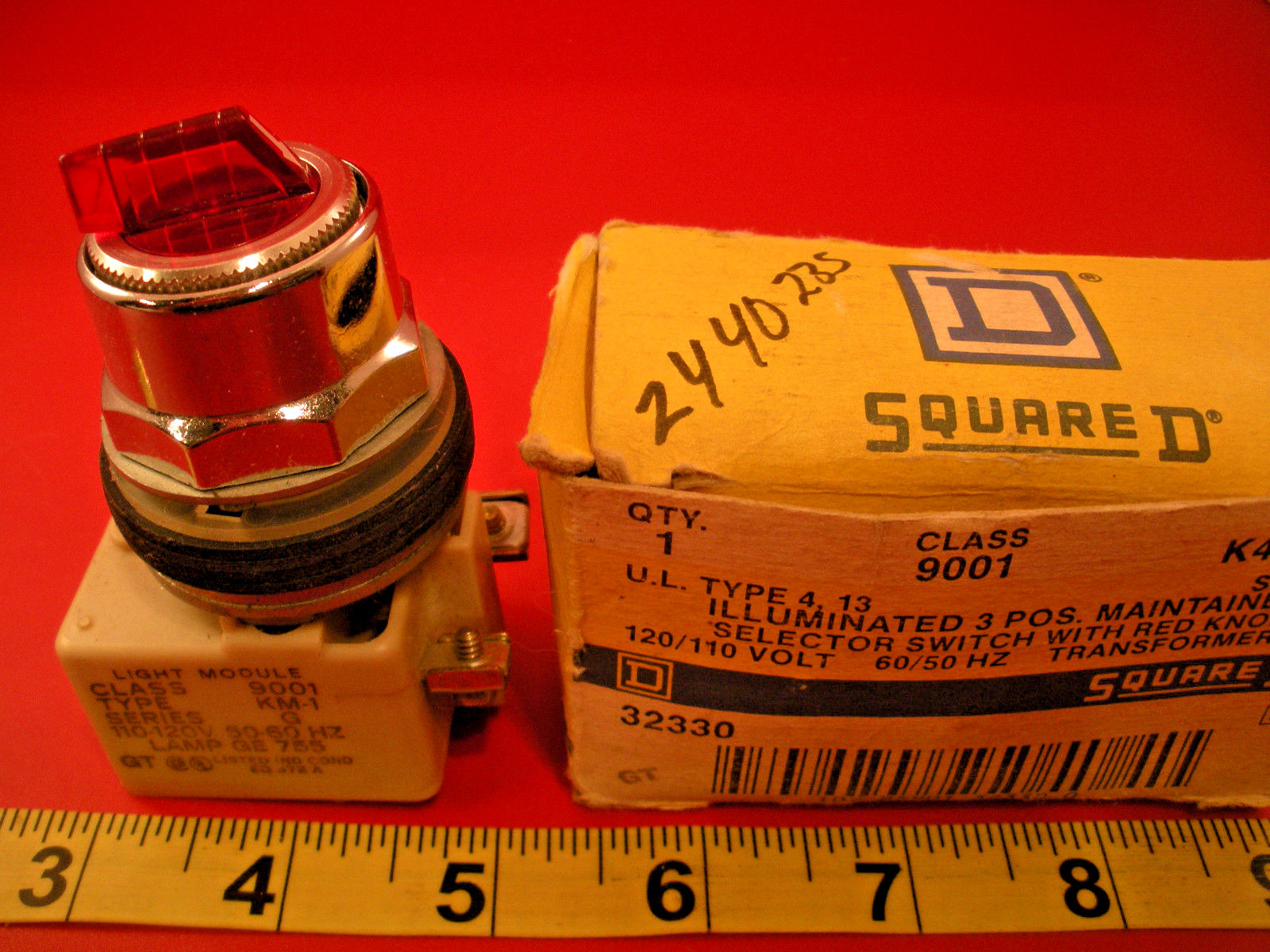 Square D 9001 K43-J1R Ser H Selector Switch 3 Pos Maintained 9001K43J1R Red Knob