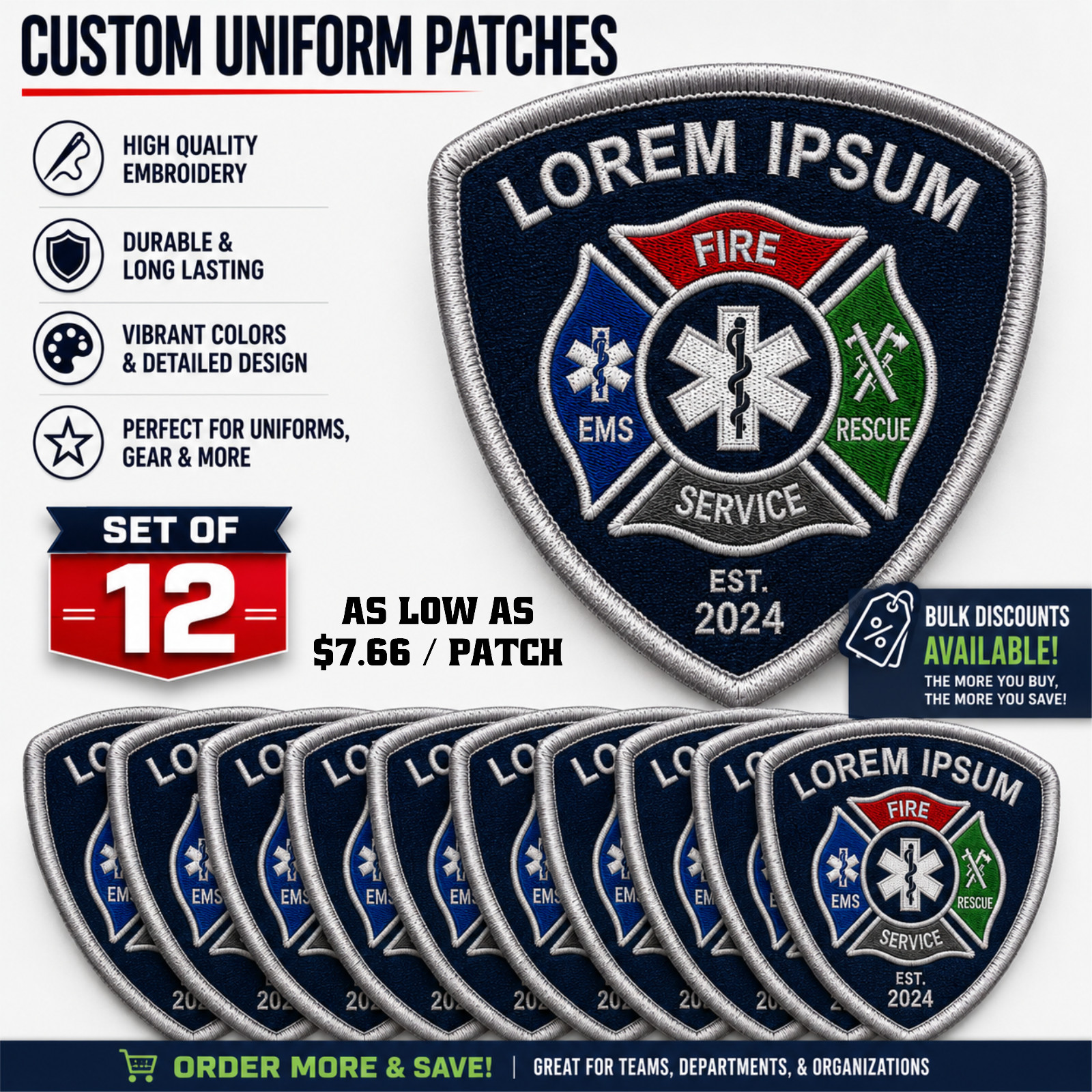 12 Custom Uniform Patches – Embroidered Fire EMS Rescue Department Patches