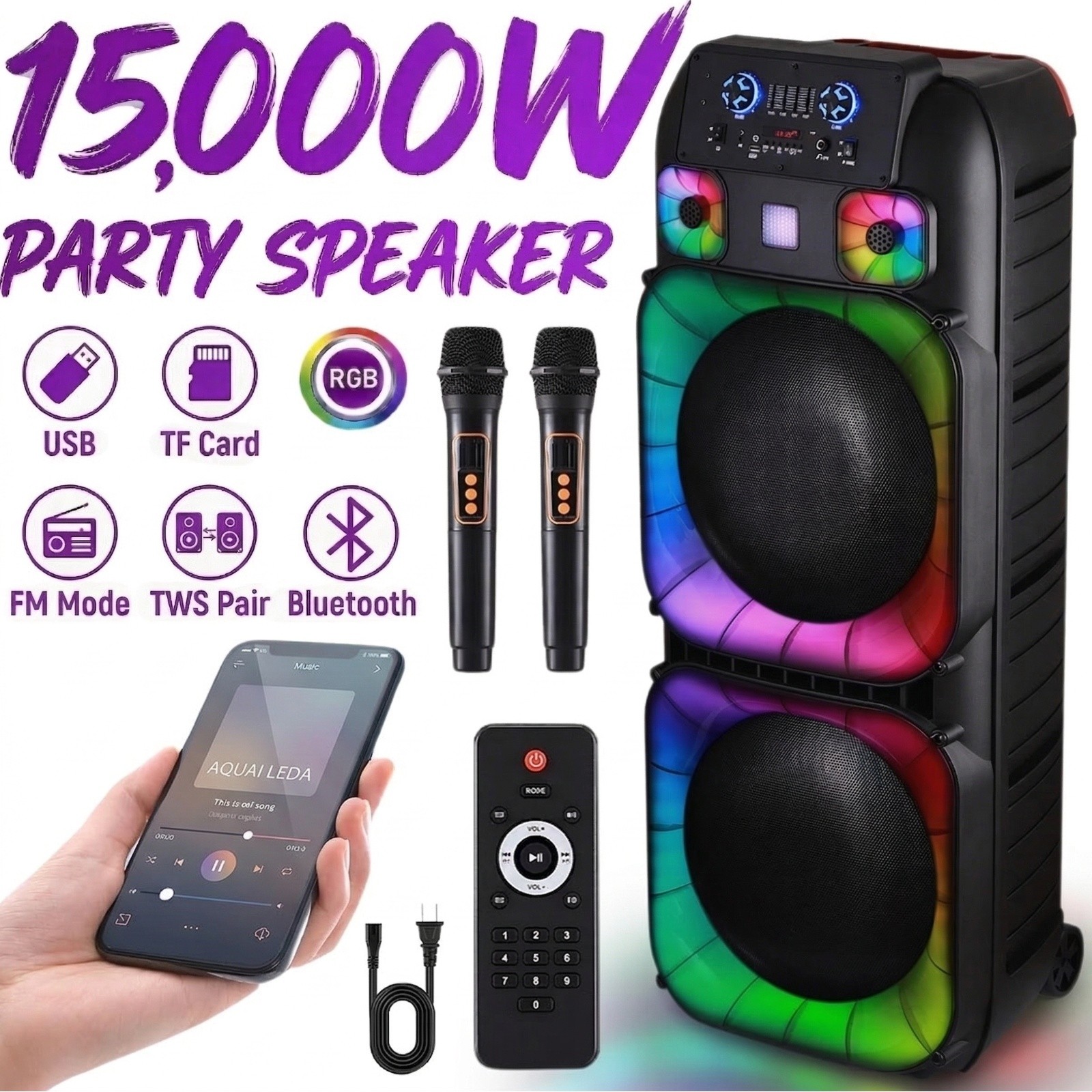 Dual 15" Portable Bluetooth Speaker Subwoofer Heavy Bass System LED Party AUX FM
