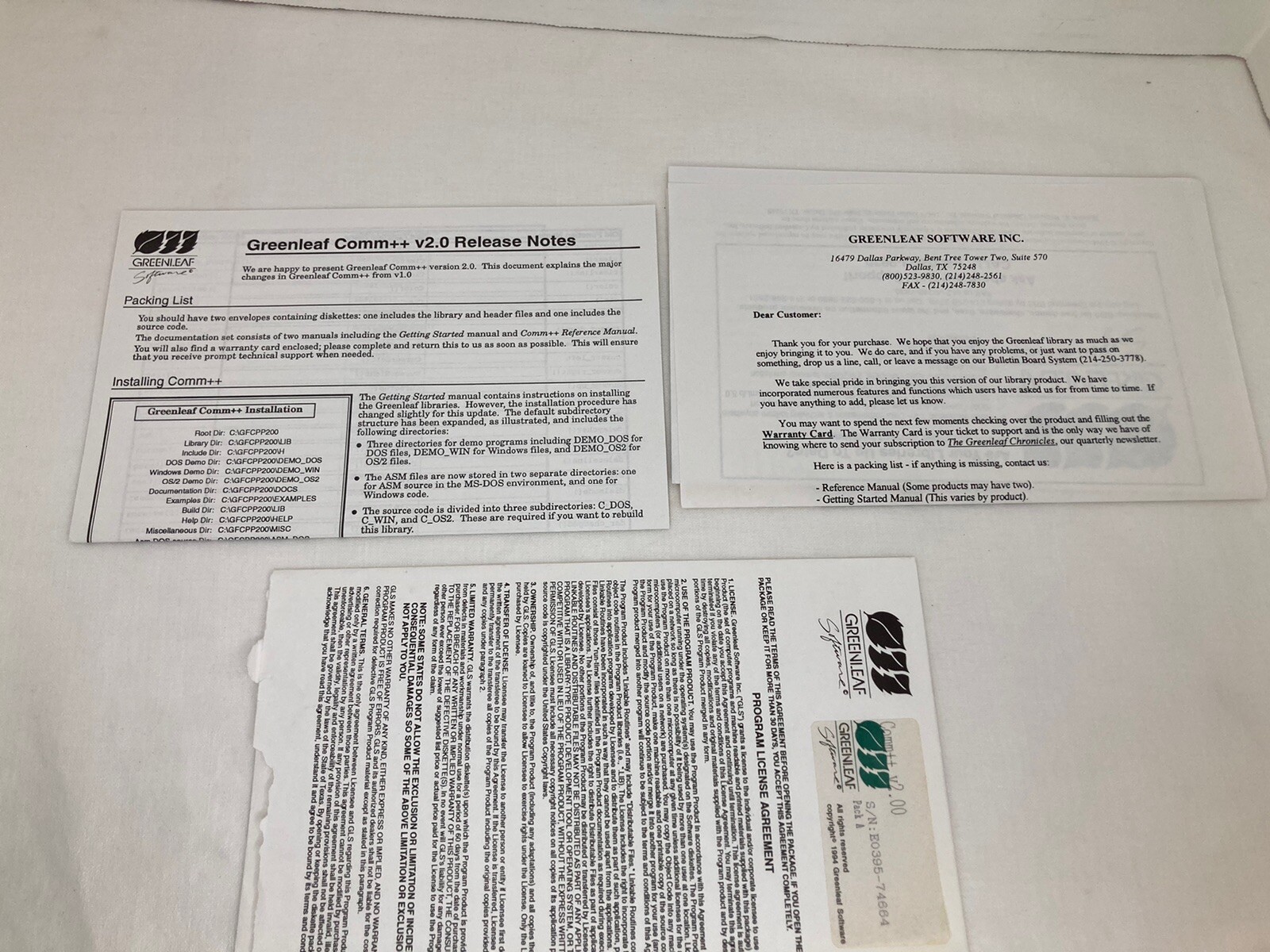 Greenleaf Software Comm ++ V2.0 Communication Library for C++ 1994 Programming