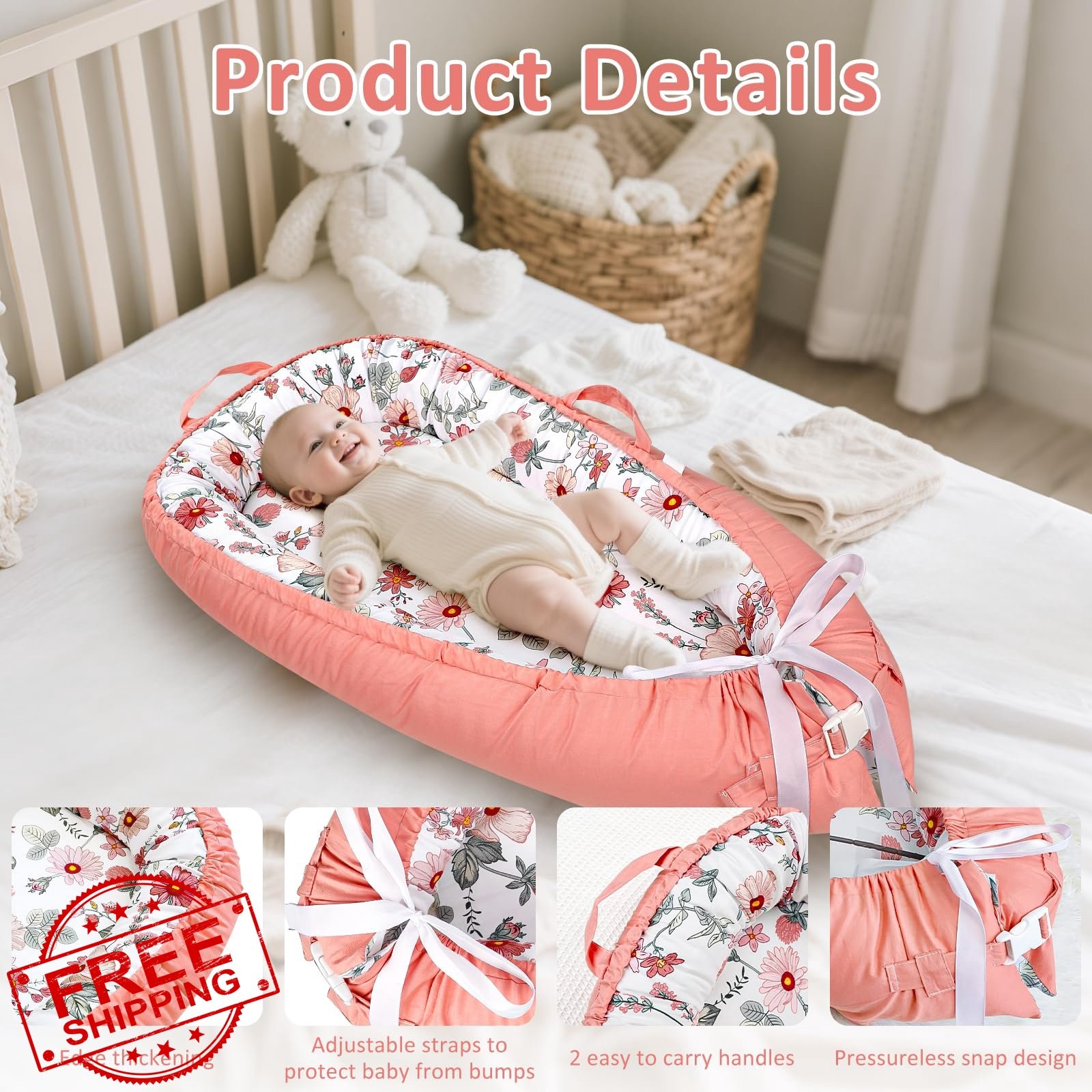 DAYEEBALL Baby Lounger Pillow - Organic Cotton Newborn Infant Nest Pink