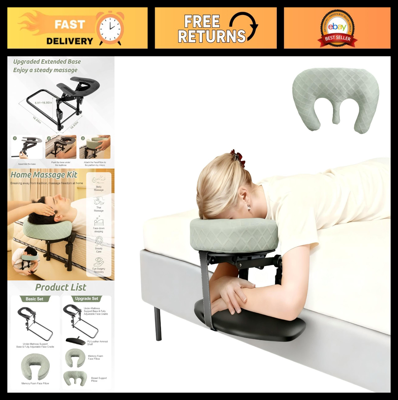 Adjustable Massage Headrest for Bed, Portable Face Cradle, Home Massage Kit, Eye